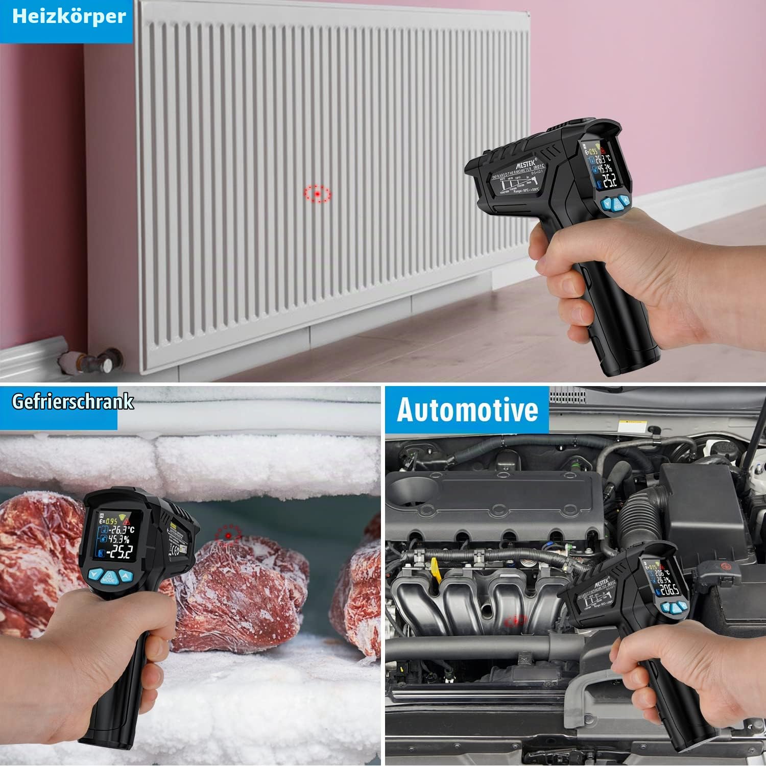 Infrarot Thermometer MESTEK Temperaturmessgerät Digital Laser Thermometer IR Pyrometer Gun -50°C ~ 800°C Berührungslos mit Farbe lcd Einstellbarer Emissionsgrad Küche Grill Gefrierschrank Industrie