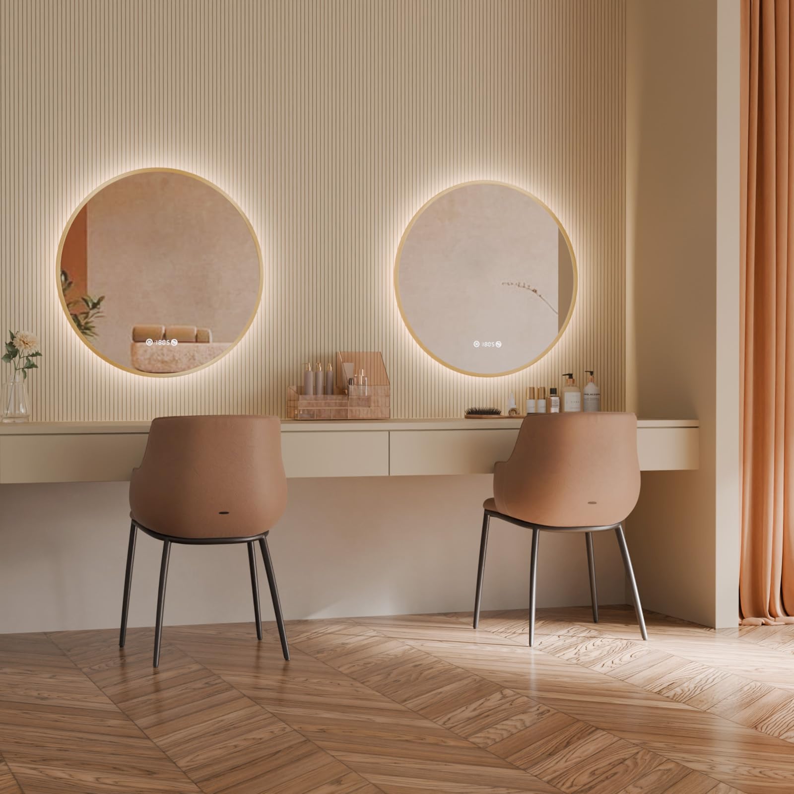 S'AFIELINA Espejo Baño con Luz LED Redondo Ø70 cm, Marco Dorado | Espejo Redondo de Baño con LED, Espejo Retroiluminado, Diseño Sin Marco, Luz Neutra, Espejo de Pared, Decorativo para Baño