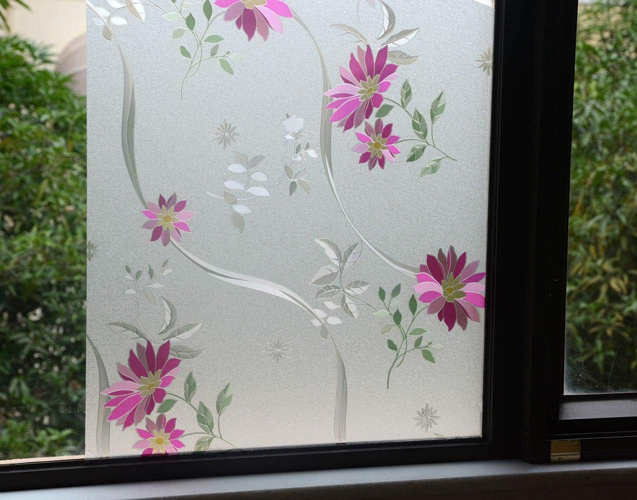 VSUDO Frosted Window Film, Purple-Red Chrysanthemum Flower Pattern, Non-Adhesive, Static Cling Privacy Glass Film for Home and Office, 35.4 x 157.5 Inches