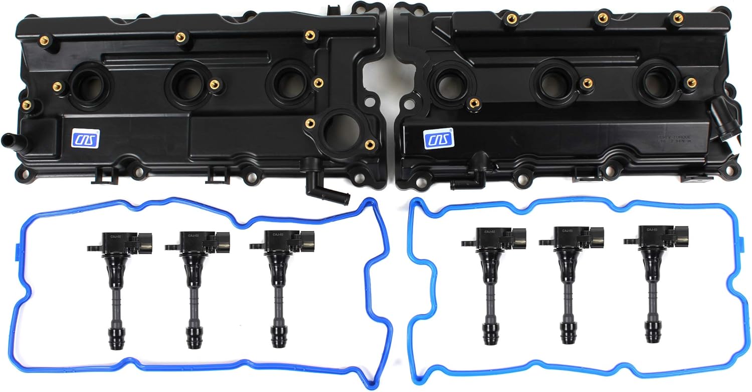CNS Valve Cover with Gaskets, Ignition Coils Left and Right Side Compatible with 02-04 INFINITI QX4 / NISSAN PATHFINDER 3.5L (3498cc) DOHC V6