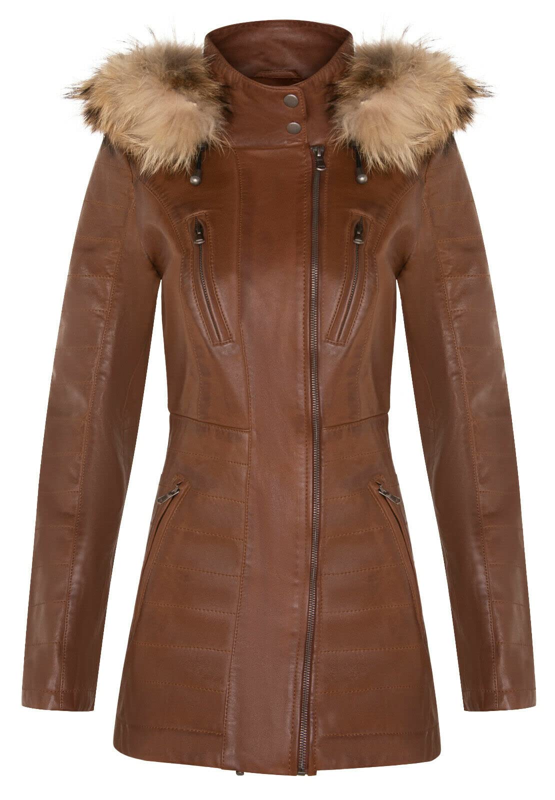 Infinity Leather Women's   Brown Tan Slim Fit Leather Hooded Parka Jacket-Northam in Size XL, BrandAlley