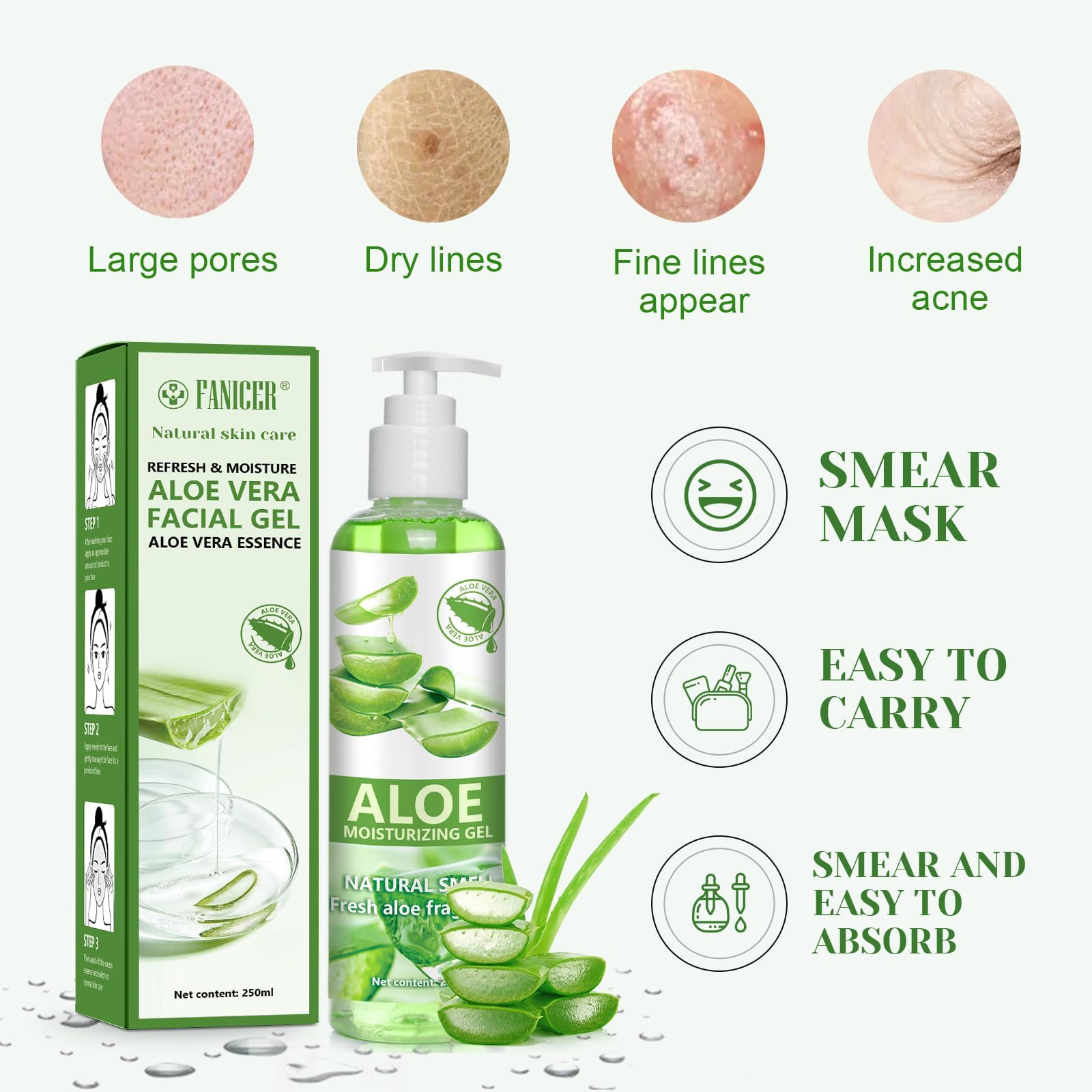 250 ml Gel d’aloe vera,Crème soin rafraîchissant&apaisant pour la peau,formule hydratante douce,nourrissant visage et corps,Pour une utilisation régulière sur peau sèche ou exposée