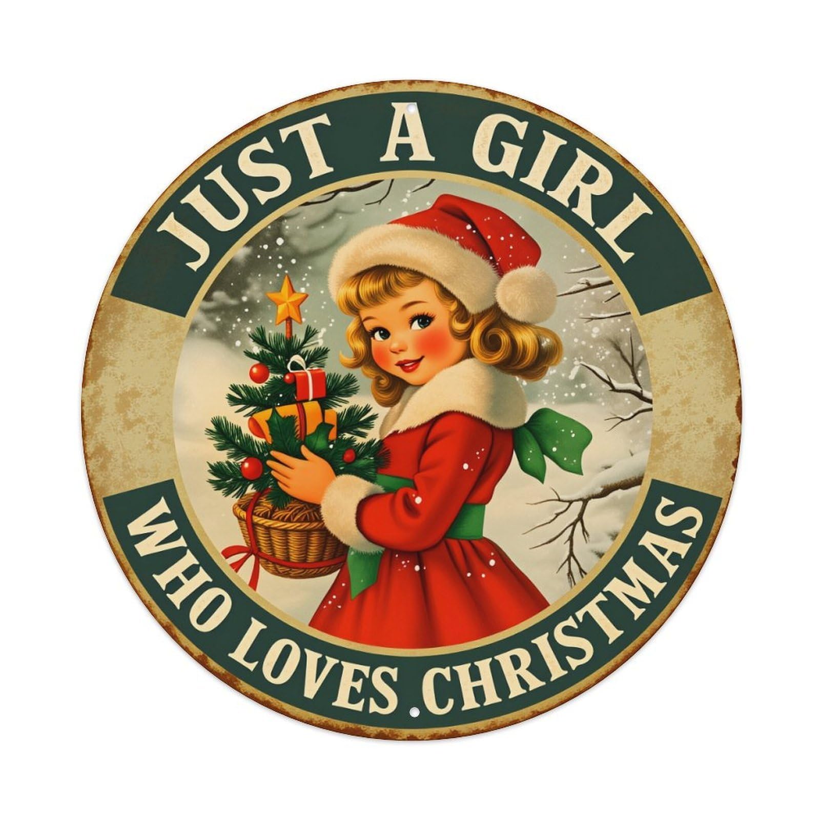 Vintage Christmas Girl Holding Tree Vintage Metal Tin Sign Retro Wall Decor for Home Bar Garage Cafe, Indoor & Outdoor Decorative，circle Metal Poster, 8x8 Inch