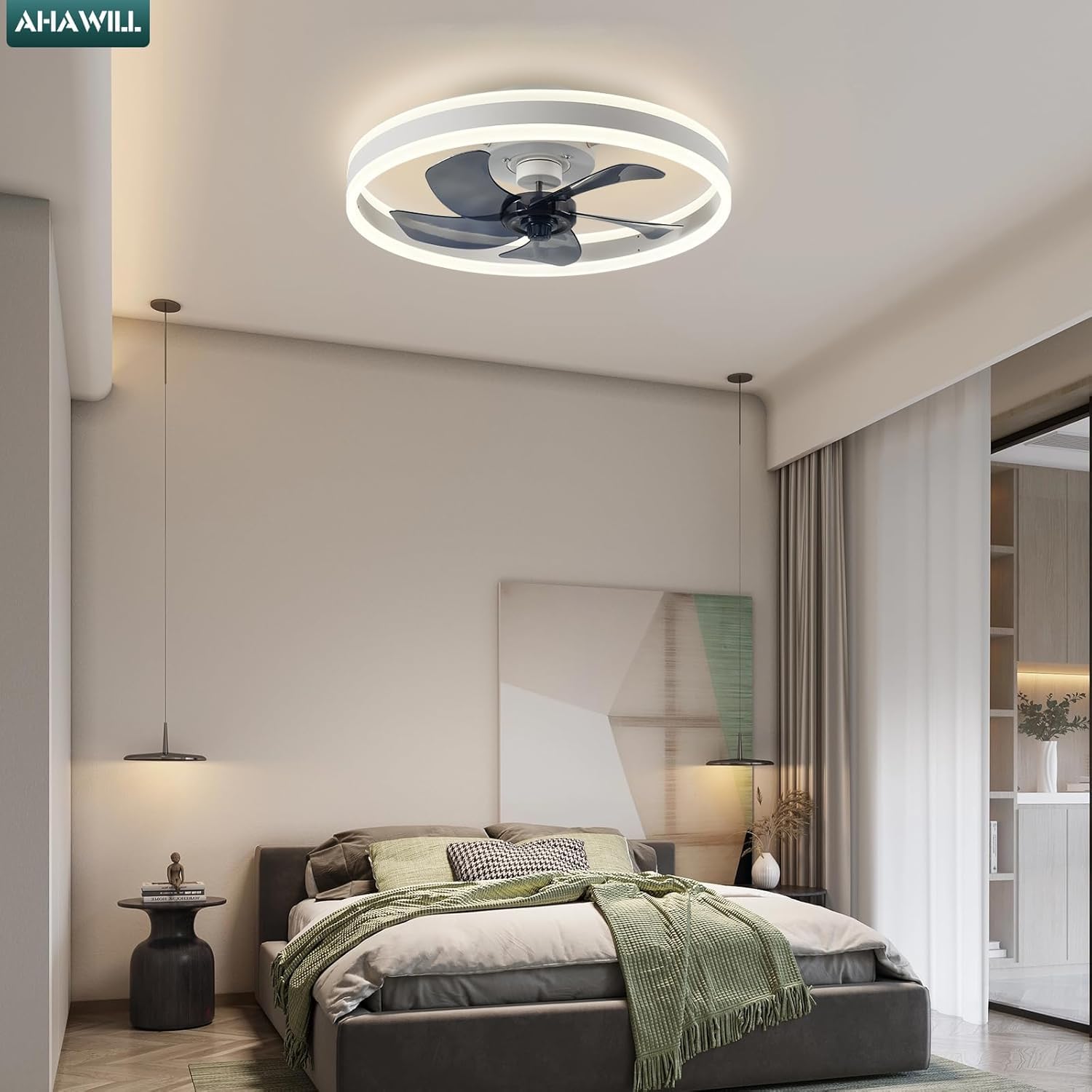 AHAWILL Moderne Deckenlampe mit Ventilator Weiß 50 cm, LED Dimmbar 3000–6500K, 6 Stufen, Fernbedienung & App, Reversibel, Timer, Flacher Ventilator für Schlafzimmer (Weiß)