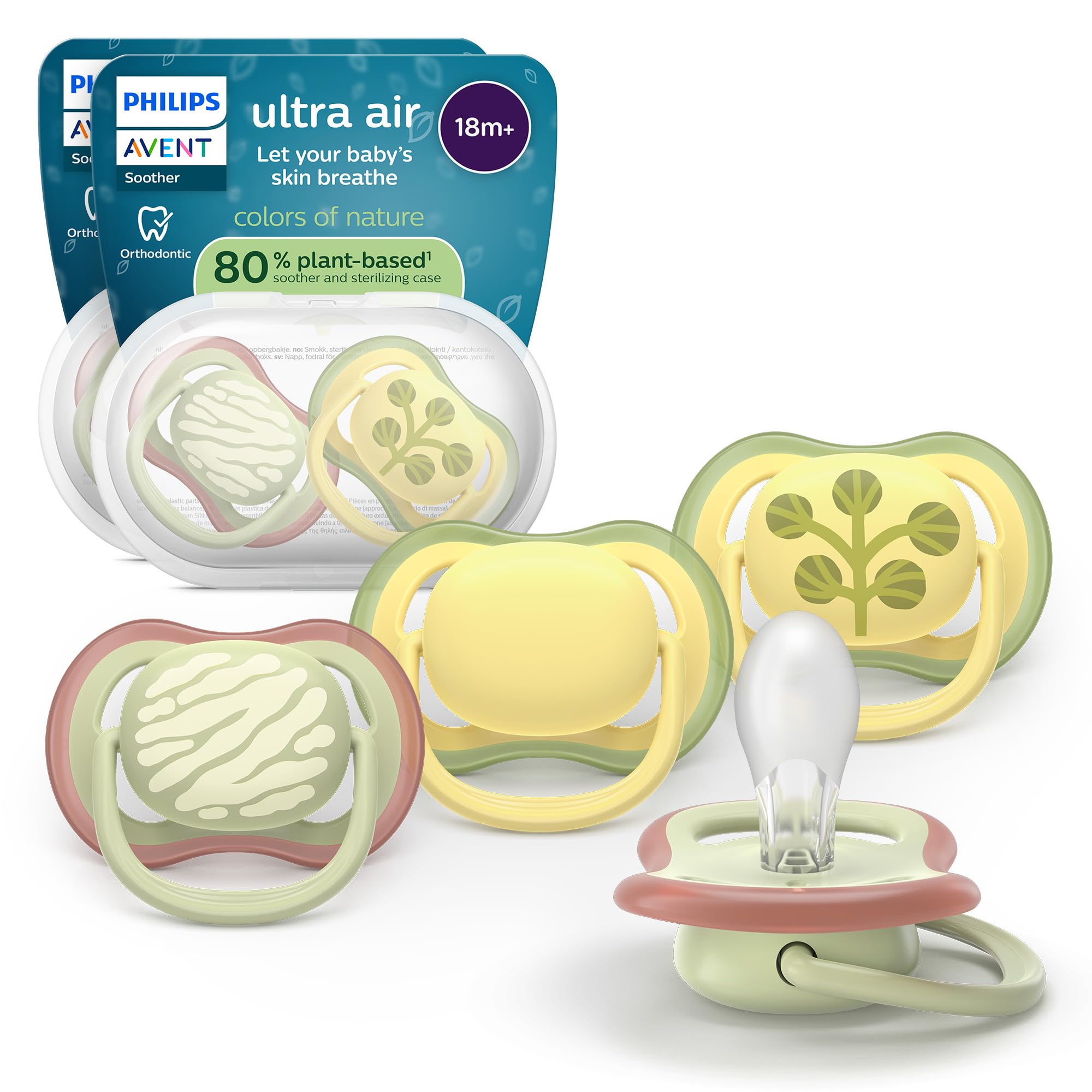 Philips Avent chupetes ultra air: diseño anatómico, para bebés a partir de 18 meses, tetina simétrica de silicona suave, sin BPA, con 2 estuches esterilizadores, paquete de 4, SCF349/55