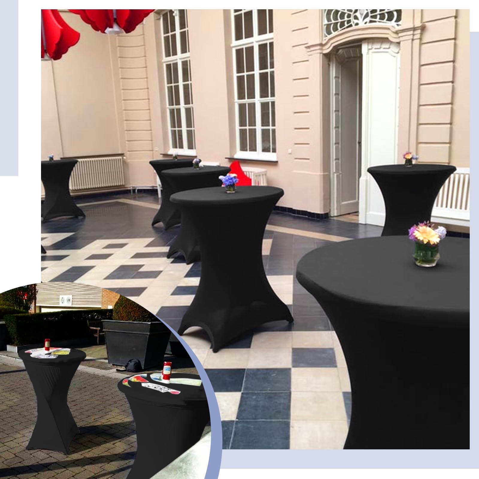 Paquete de 6 manteles de elastano elástico con esquinas cuadradas de 32 x 43 pulgadas, mantel de cóctel de elastano negro, para bar, boda, cóctel, fiesta, banquete