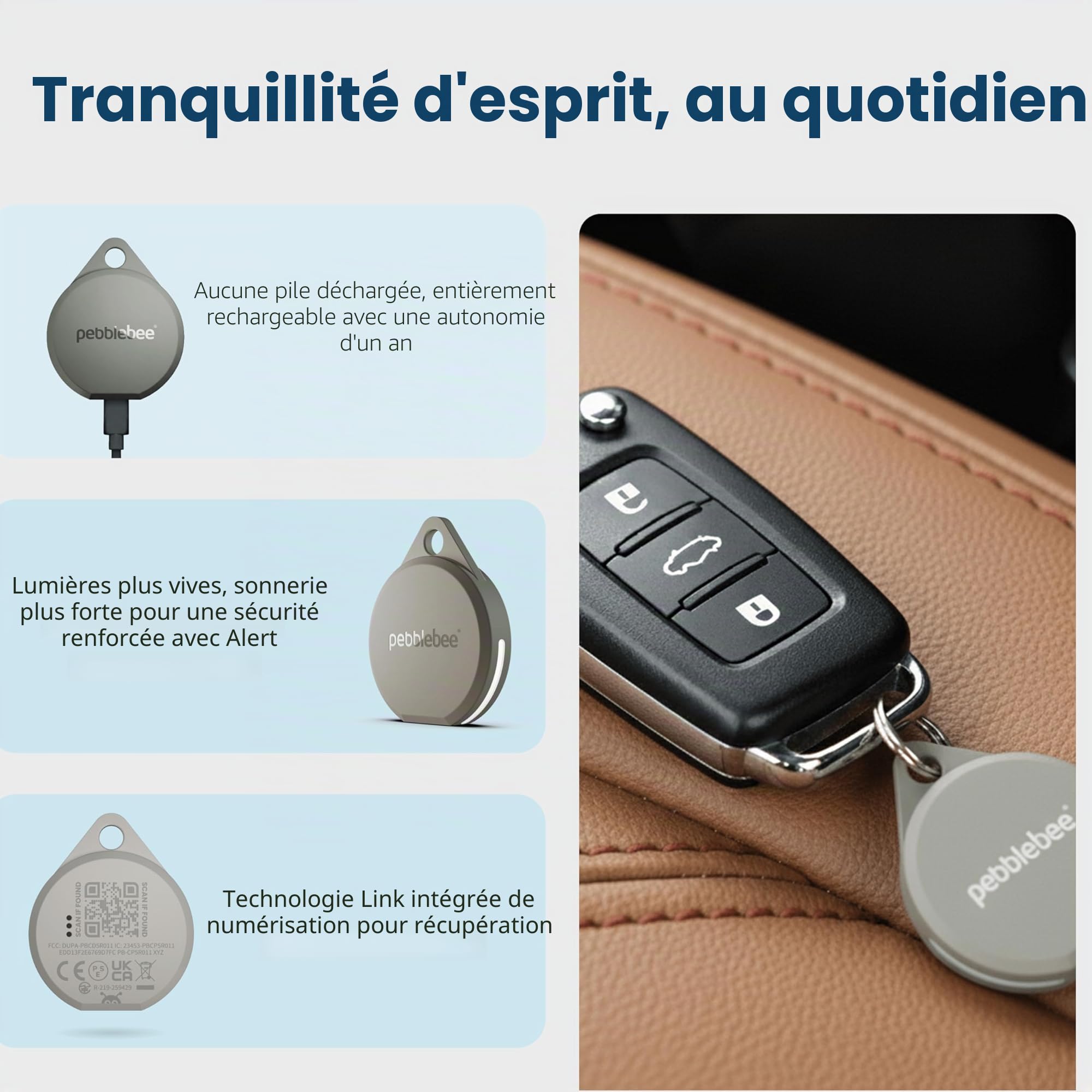 Pebblebee Clip 5 | Étiquette de suivi Bluetooth rechargeable pour clés et sacs | Alternative aux traqueurs Air Tag et Android | Sirène 130 dB, LED stroboscopique lumineux, batterie de 12 mois, mode de