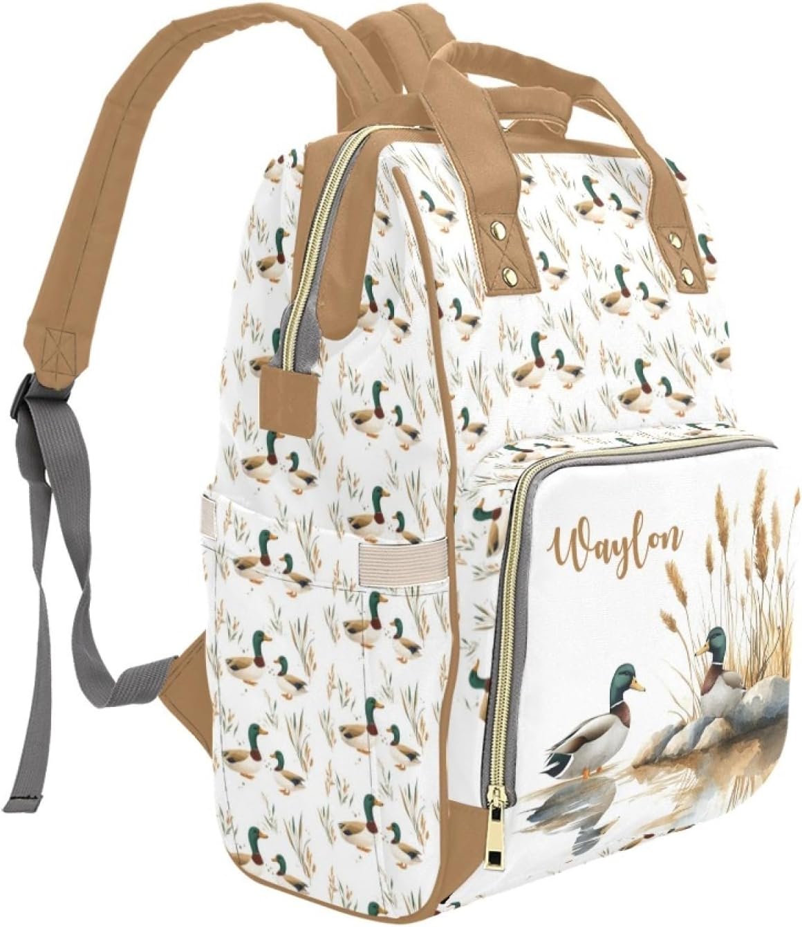 Personalized Baby Diaper Bag with Name, Customized Mallard Diaper Backpack for Boys Girls, Custom Travel Backpack Wild Duck Daypack Shoulder Bag for New Mom Mommy