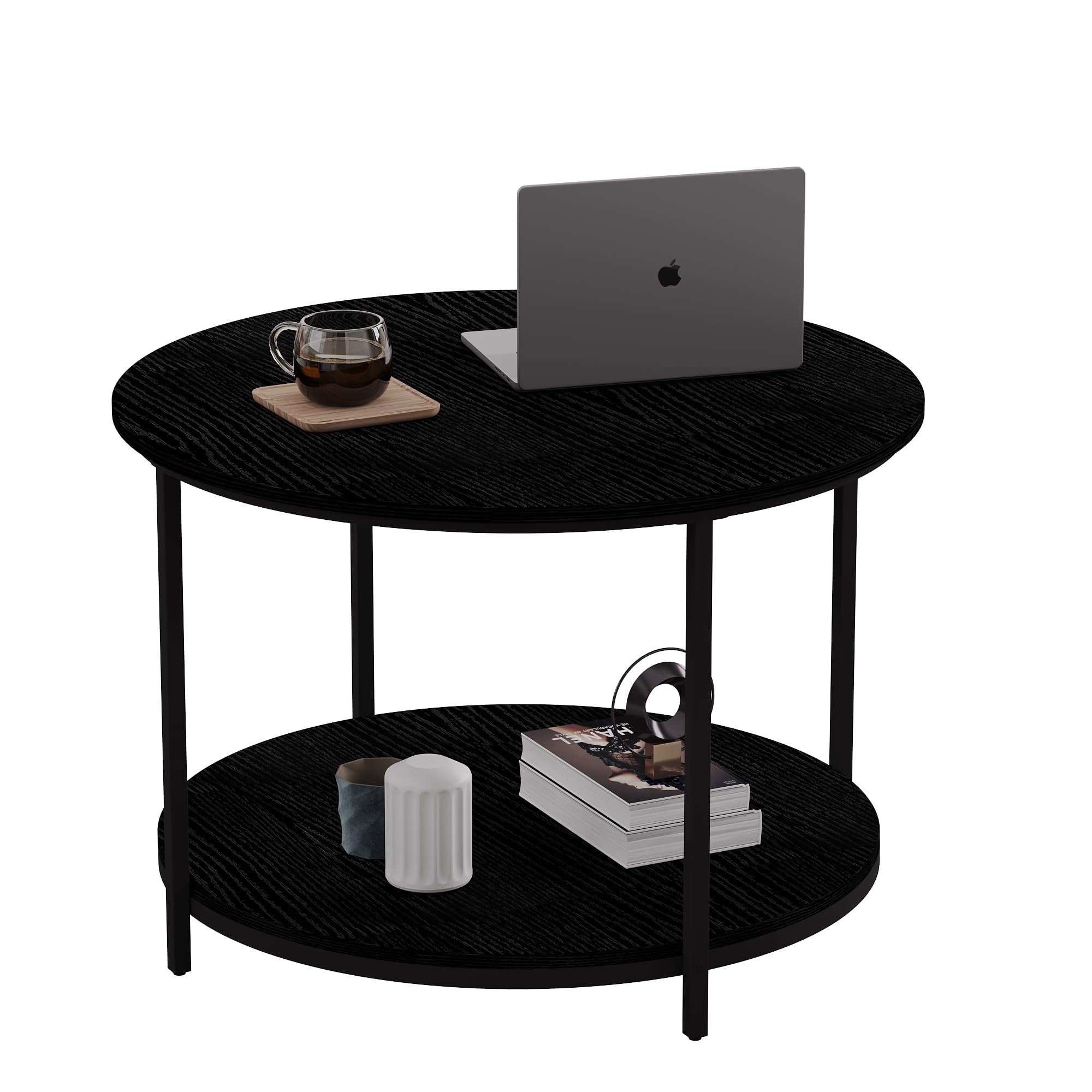 Round Coffee Tables Living Room: 31.5 inch 2-Tier Rustic Wood Desktop & Sturdy Metal Legs, Mid Century Modern Circle Coffee Tables with Storage Open Shelf