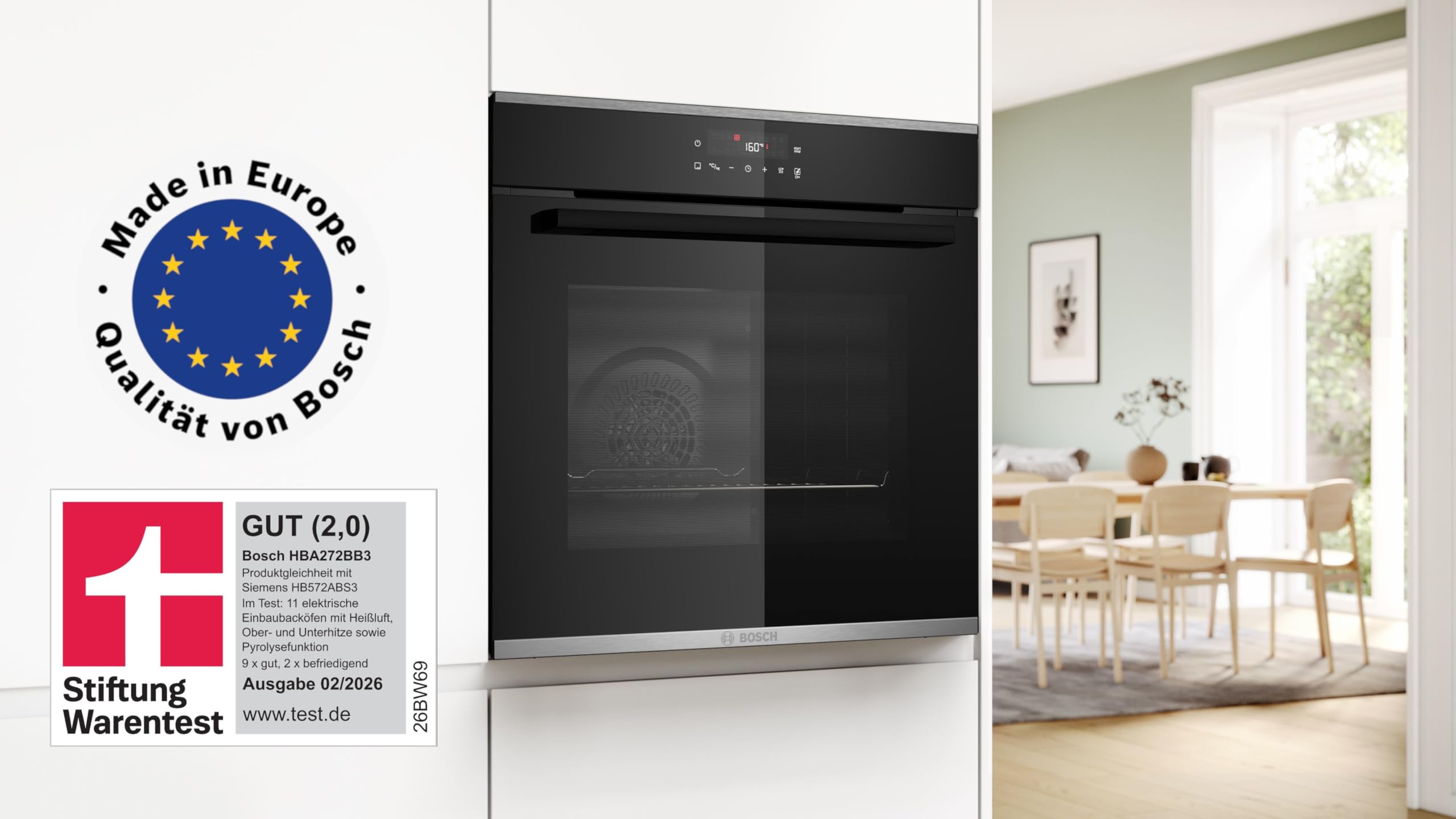 Bosch Serie 4 Einbau-Backofen 60 x 60 cm Pyrolyse Hydrolyse LED Touch Control 3D-Heißluft 10 Automatikprogramme
