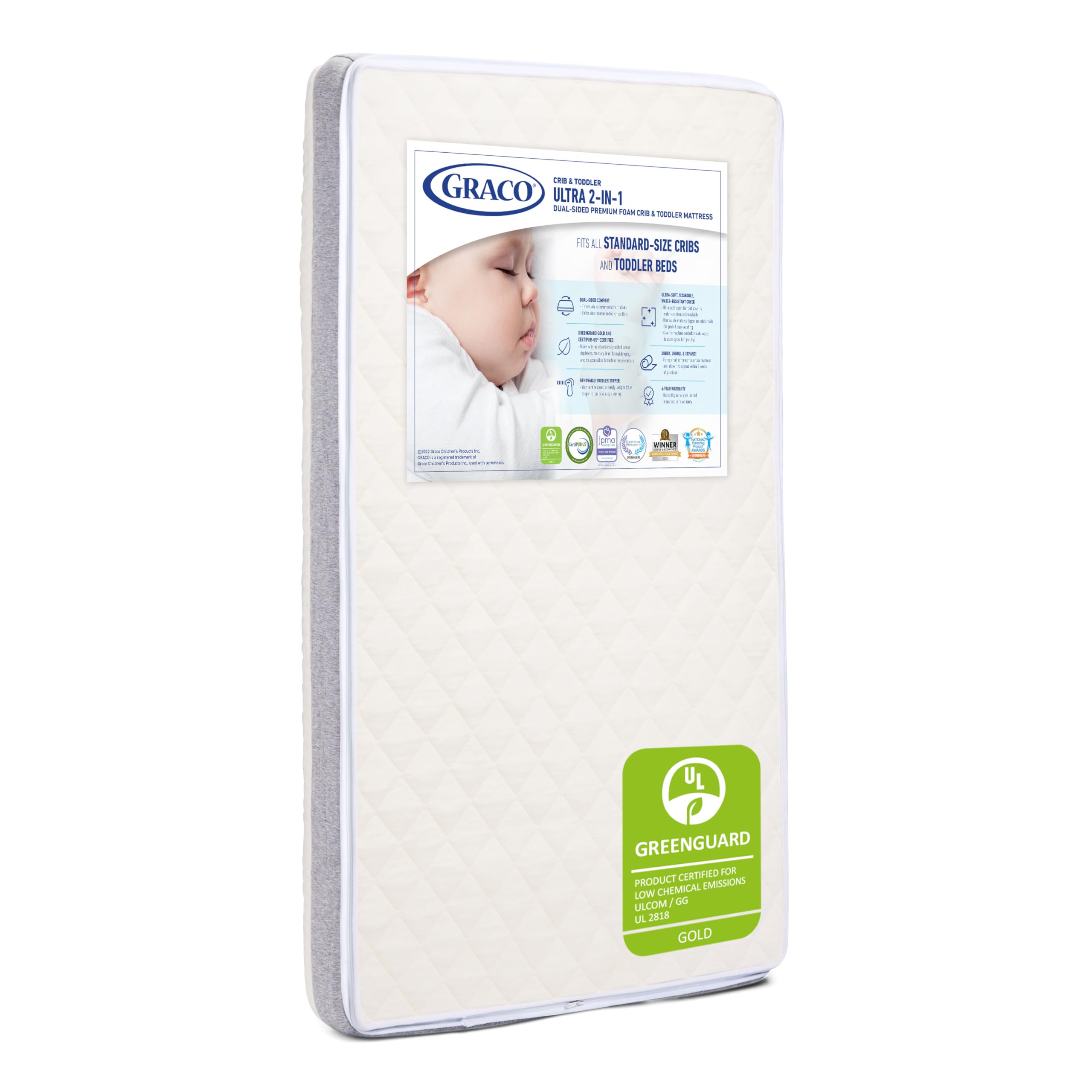 graco ultra 2-in-1 premium dual-sided crib & toddler mattress - greenguard gold, certipur-us certified foam, 2-sided mattress fits any brand of crib & toddler bed