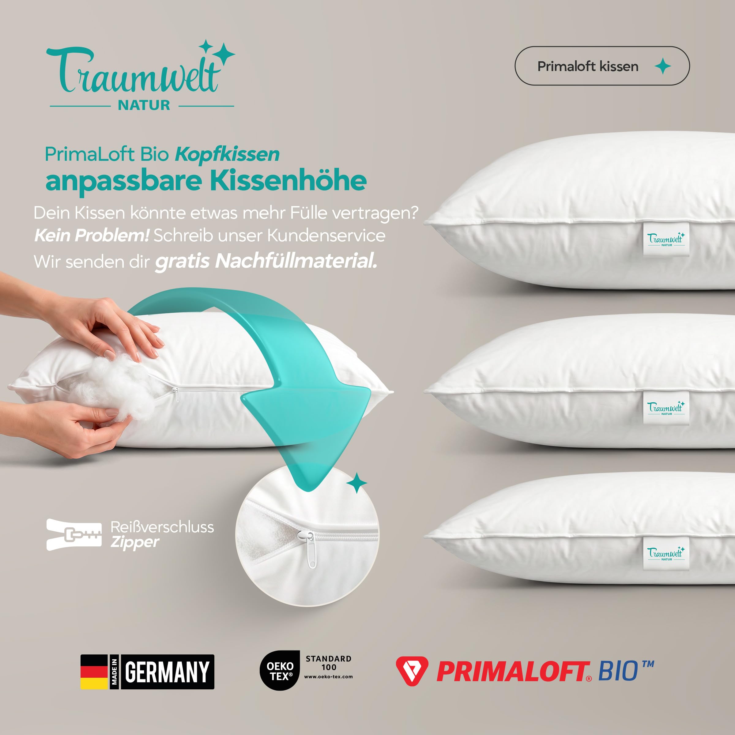 Made in Germany Kopfkissen 80x80 cm, mit Primaloft Bio Mikrofasern-Füllung, weiß, Füllgewicht: 1500g. Allergiker geeignet, Öko-Tex 100, biologisch abbaubar, Klimaneutral
