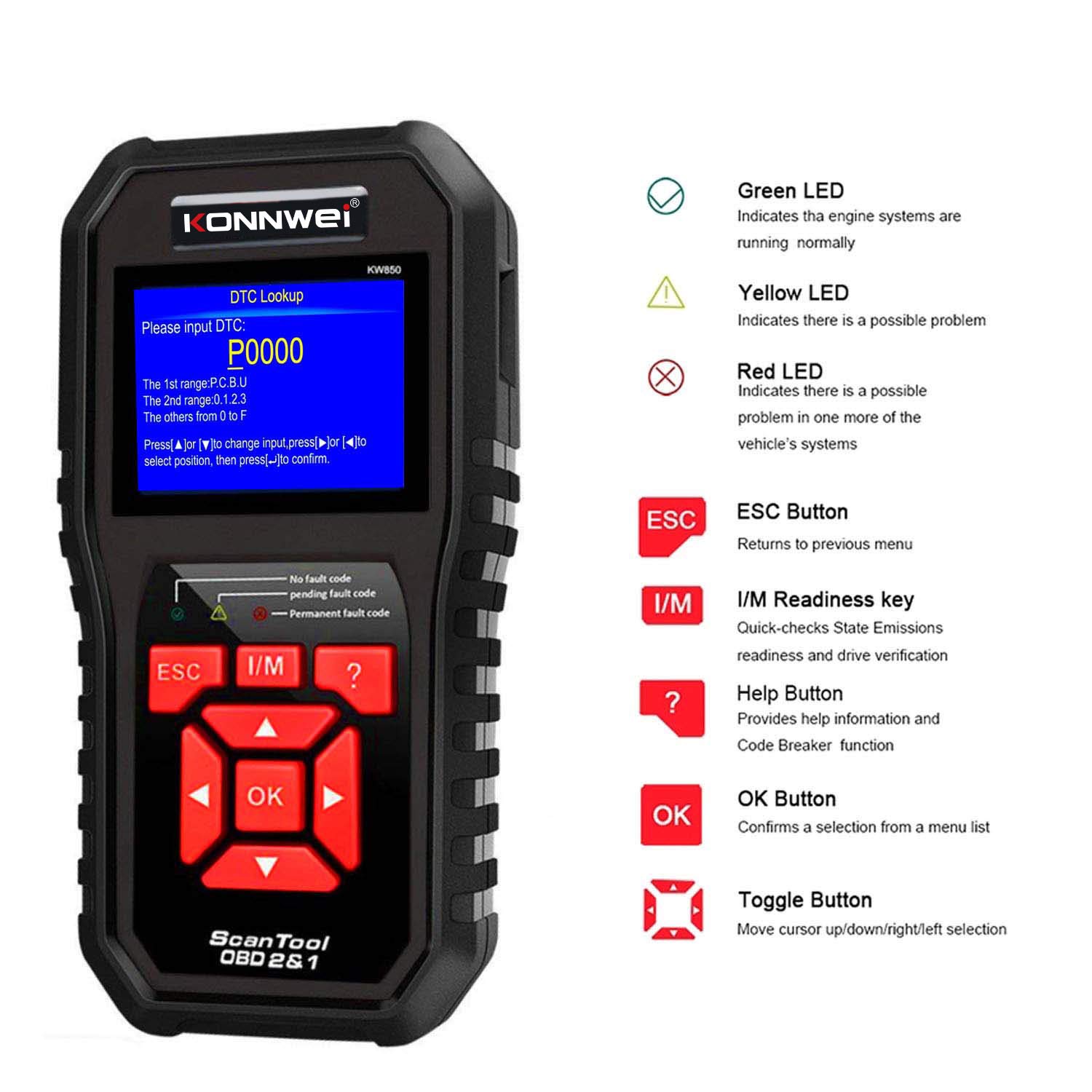 Konnwei Kw850 OBD2, dispositivo diagnostico OBDII, lettura memoria errori, con funzioni OBD2 complete, lettore codici errore universale, compatibile con tutti i veicoli dopo il 2002 (Nero)