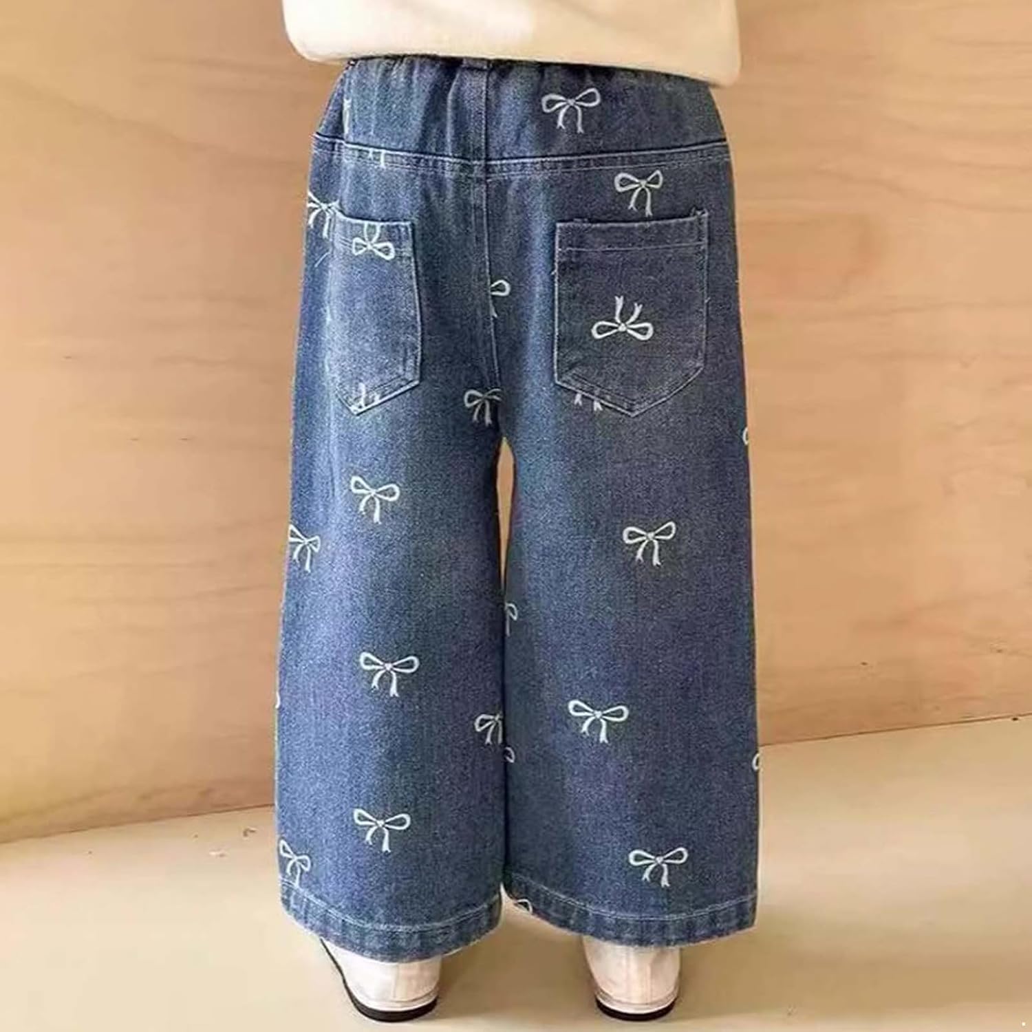 Toddler Baby Girls Bow Printed Jeans Wide Leg Denim Pants with Pockets for Holiday
