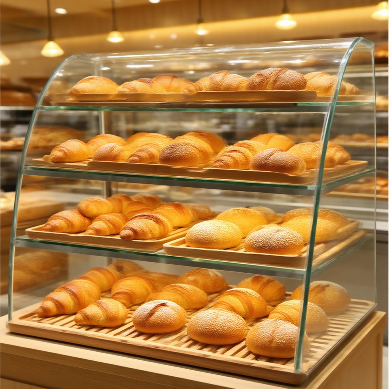 Vitrina comercial refrigerada para bufé, vidrio templado transparente para panadería, diseño cerrado de tres lados para postres