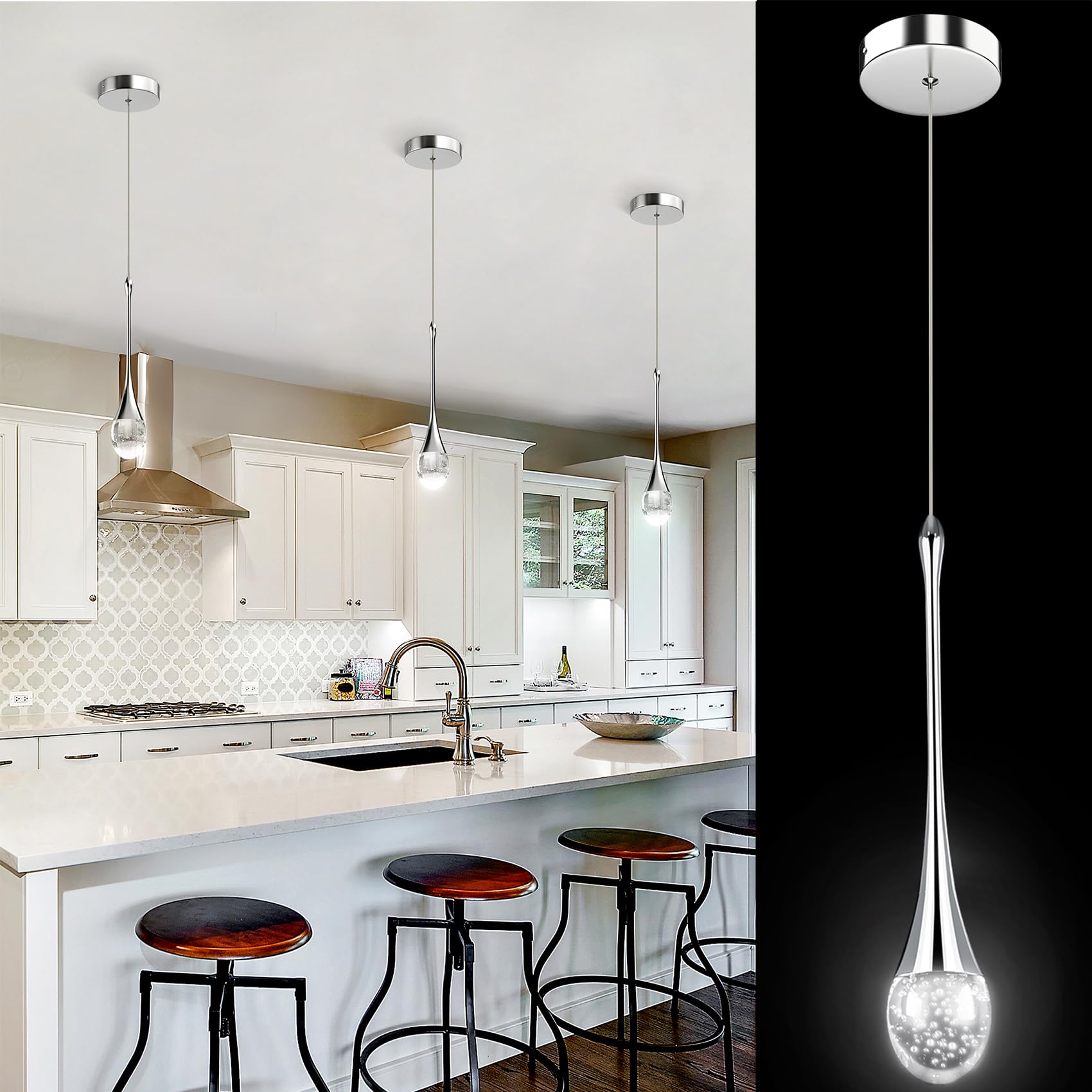 Espird 1 Pack Pendant Lights Kitchen Island - Crystal Pendant Light with Height-Adjustable & Crystal Bubble, Integrated LED Cold White 6000K Led Pendant Light for Kitchen/Dining Room/Living Room