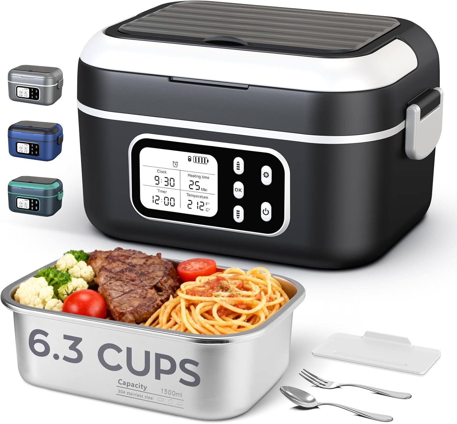 Cordless Heated Lunch Box for Men, 6.3 Cup 100W Electric Lunch Box Food Warmer with 27000mAh Battery for Self Heating, Including Cutlery, Insulated Bag and Divider for Women Adults(Black+White)