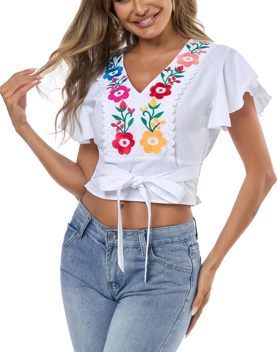 Women's V Neck Tie Front Crop Tops Summer Ruffle Short Sleeve Boho Peasant Embroidered Top Shirt Blouse - Image 6