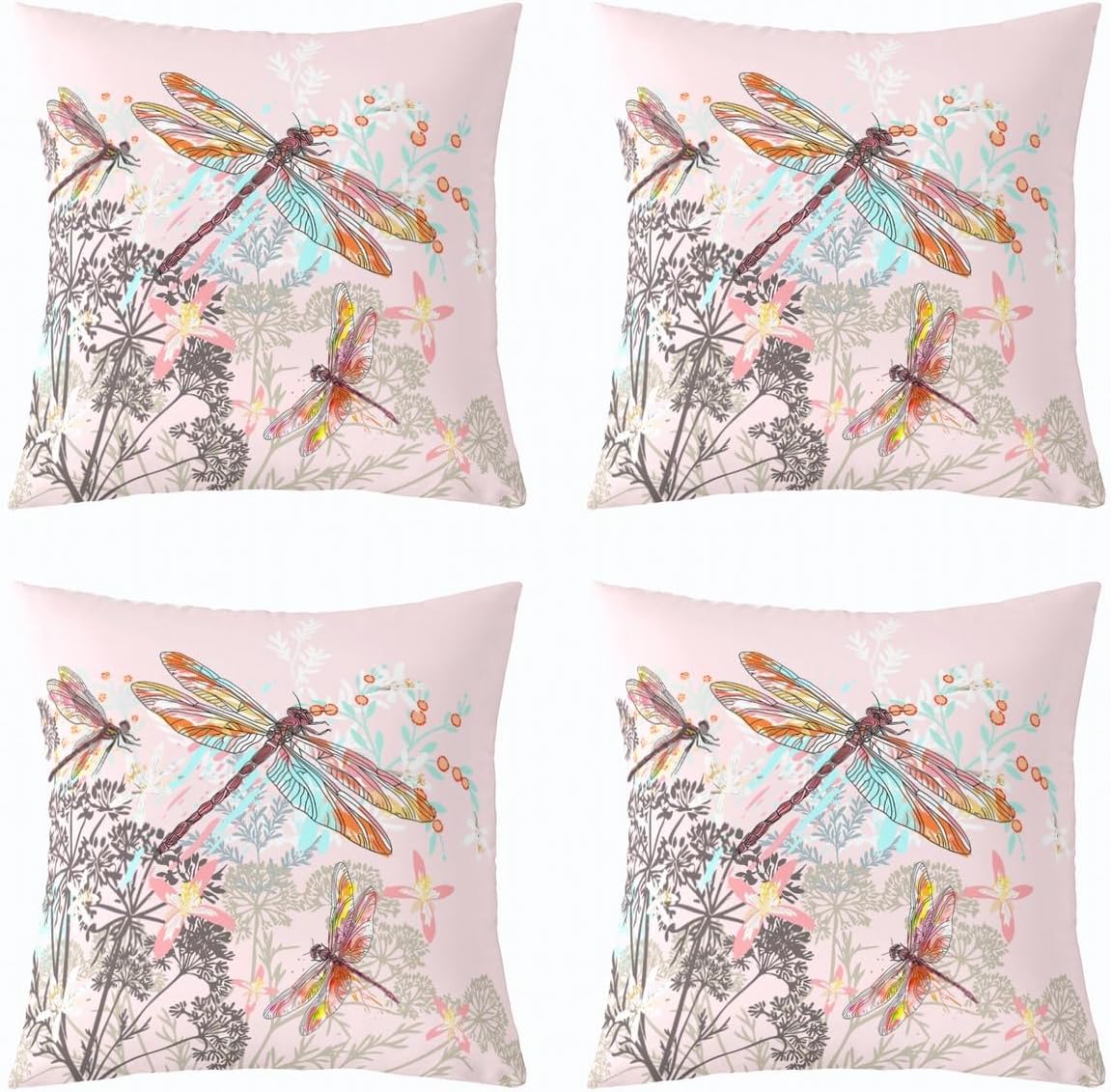 Feelyou Dragonfly Throw Pillow Covers 24x24 Inches Dandelion Floral Cushion Covers for Kids Girls Teens Women Bedroom Decor Nature Animals Botanical Pillowcases for Sofa Bed Couch Pink
