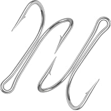 Classic Double Fishing Hooks,10pcs Stainless Steel Double Hooks Sharp Frog Hooks Fly Tying Fishing Hooks Open Shank Barbed for Saltwater Freshwater Tuna Fishing 10pcs