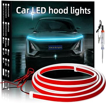 YM E-Bright LED Hood Light Strip, 70in Ice Blue Dynamic Scan DRL 12V 1Set | Flexible IP68 Waterproof Scan-Start Day Time Running Hoodbeam Kit, Fits 12V Cars, Trucks & SUVs for exterior lighting