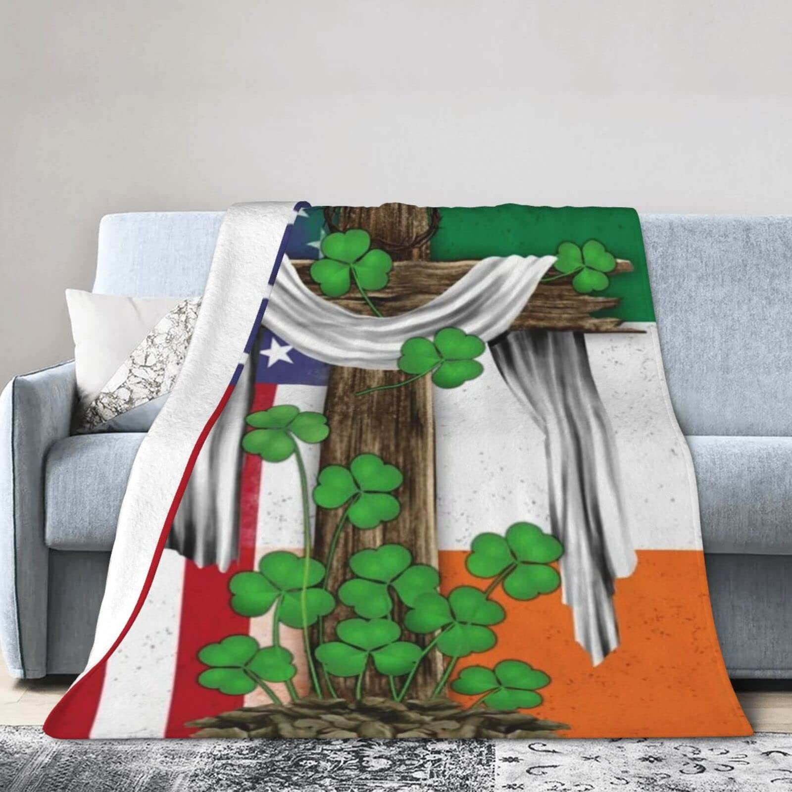 Lsjuee Flannel Fleece Blanket 40"X30" Shamrock Irish Cross Bed Throw Blanket Quality Ultra-Soft Travel Spring Blankets for Womens Keep Warm