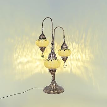 Turkish Bedside Lamp | 3-Globe Cracked Pattern Glass | Moroccan Mosaic Design for Bedroom Decor | Handcrafted Stained Glass Lantern with Victorian Charm Yellow