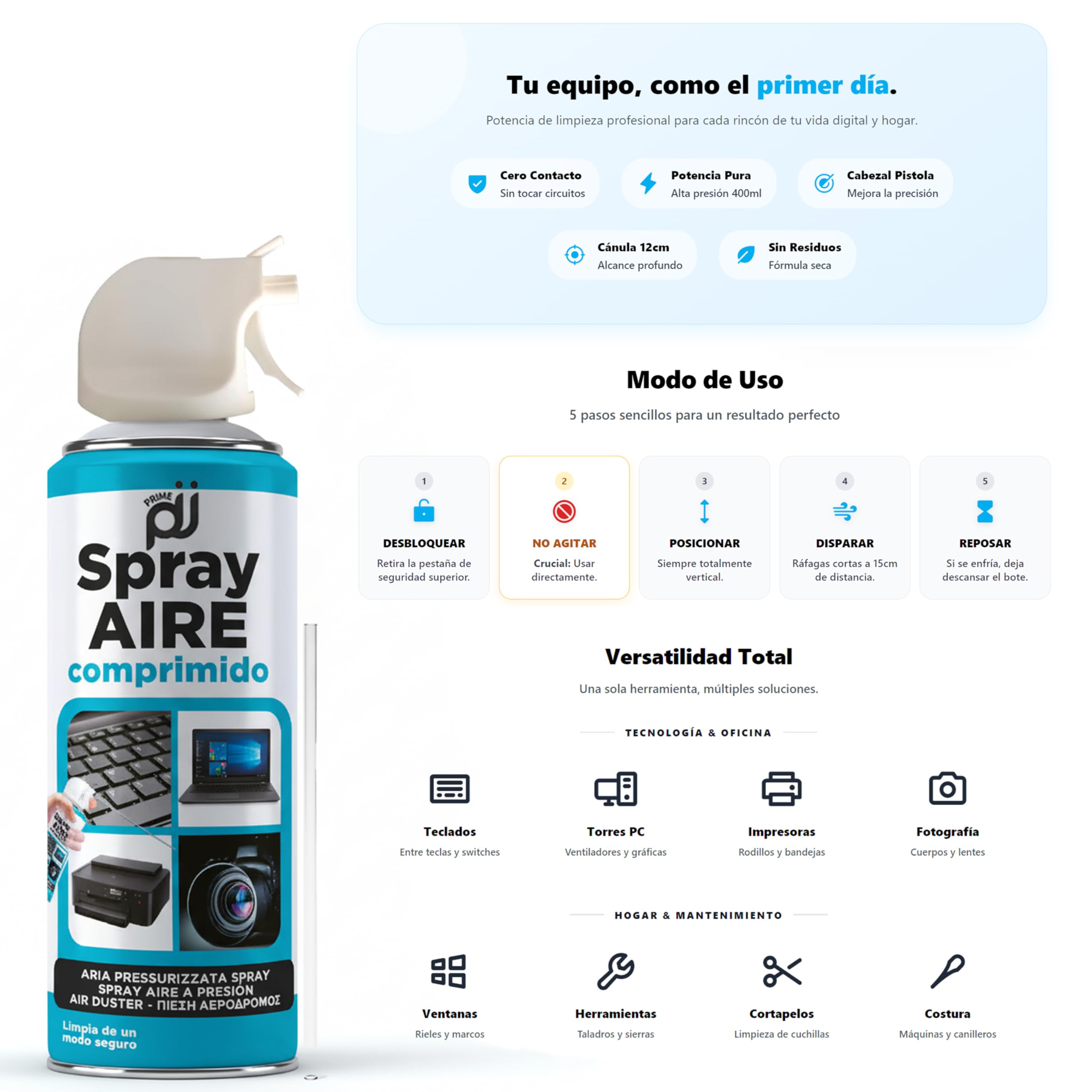 Aérosol Air Sec, Spray à air comprimé à base de gaz pour le nettoyage de matériel électronique, 400 ml (24)
