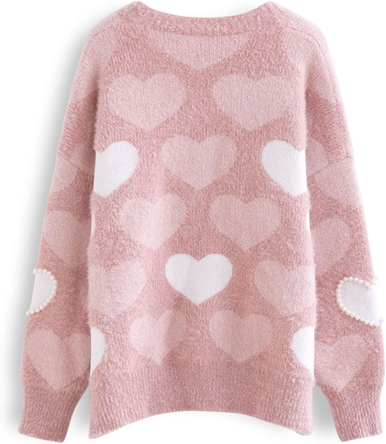 CHICWISH Women Fuzzy Pearl Heart Knit Cardigan Romantic V Neck Button Long Sleeve Valentines Holiday Soft Sweater Cardigans