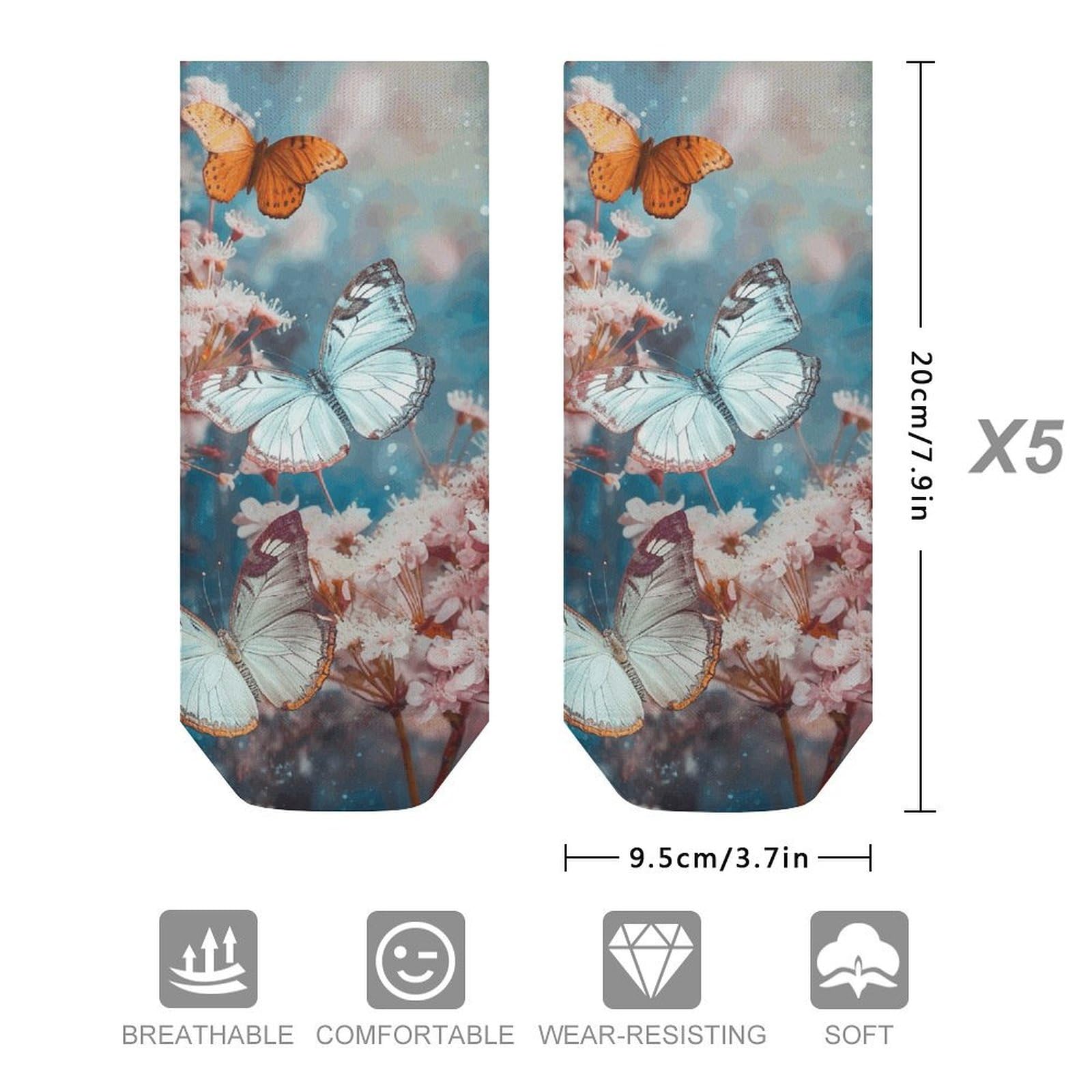 A Group of Butterflies Ankle Socks for Men & Women, 5 Pairs Breathable Soft Low Cut Socks, Stretch Sweat Wicking Sox