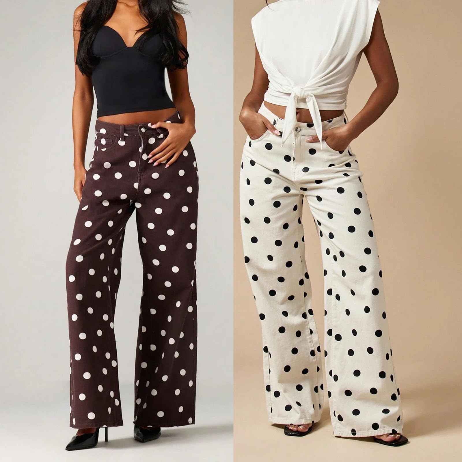 Jeans da Donna a Vita Alta in Denim con Stampa a Pois, Gamba Larga e Taglio Boyfriend Dritto e Ampio (Stile Y2K)