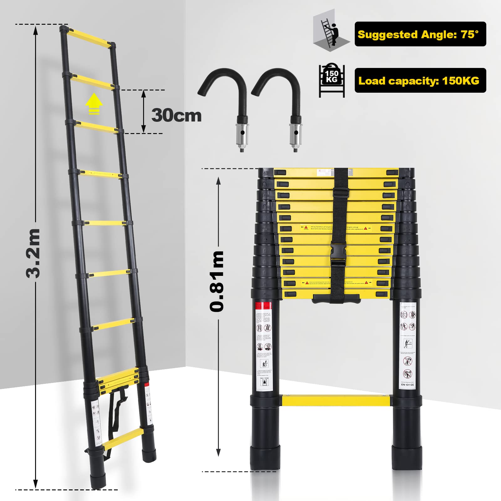 Drabina teleskopowa 3,2 m ze zdejmowanym hakiem, aluminiowa drabina składana, wysuwana, wielofunkcyjna drabina teleskopowa, obciążenie 150 kg, czarno-żółta