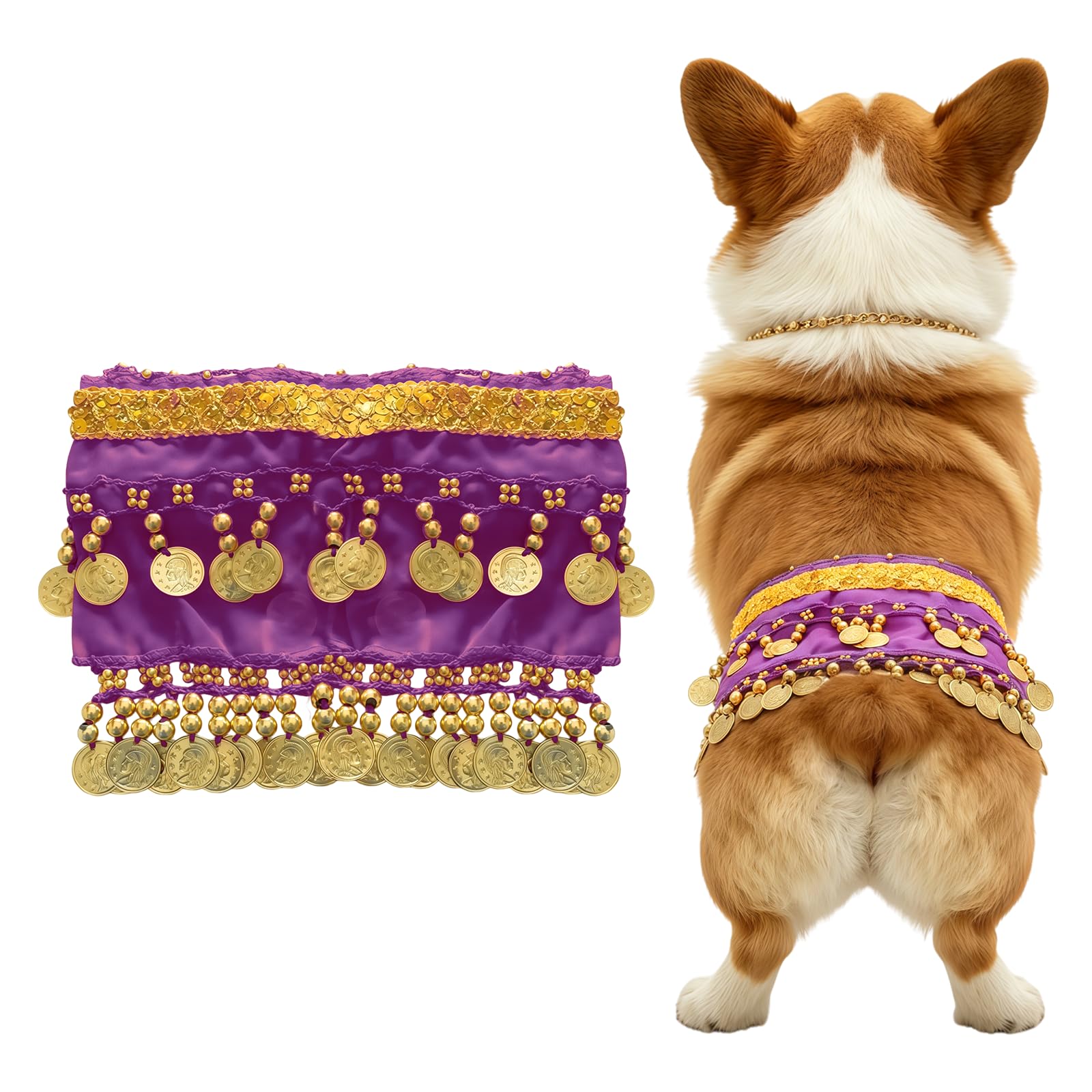 Bohue Purple Dog Belly Dance Hip Chain Scarf Adjustable Puppy Waist Wrap with Sequins Belly Dancing Hip Scarf Bling Pet Costume Accessory for Halloween Party Performance (Purple)