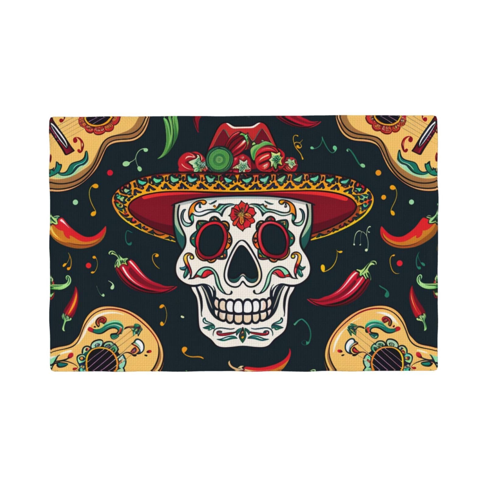 Mexican Skull Print Placemats Set, Heat Resistant Washable Placemat 12x18in Table Mats for Party Kitchen Dining Table Decoration Indoor Outdoor, Six Piece