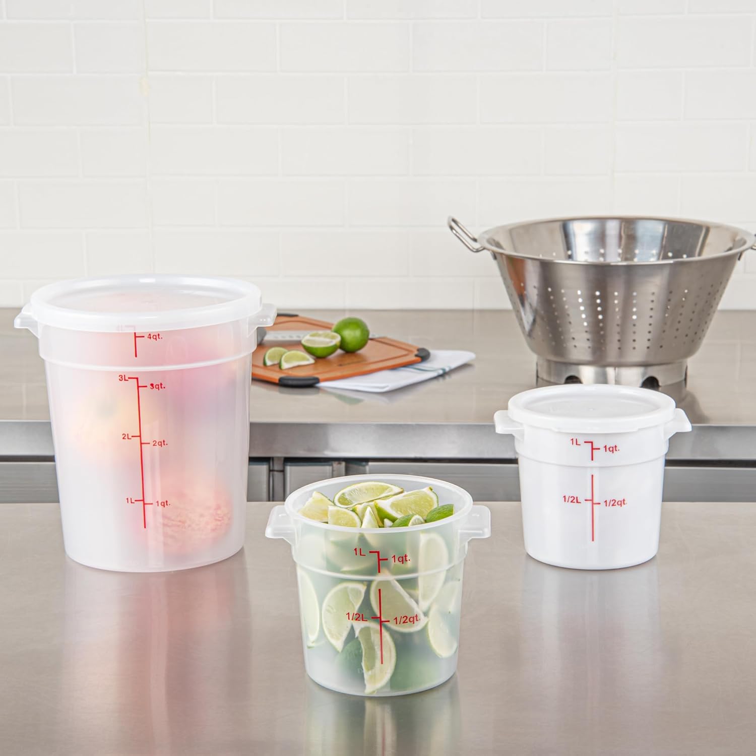 Restaurantware-Met Lux 1 Quart Food Storage Container, 1 Translucent Storage Container - Lids Sold Separately, Red Volume Markers, Dishwashable Container, Side Handles, For Storing Foods