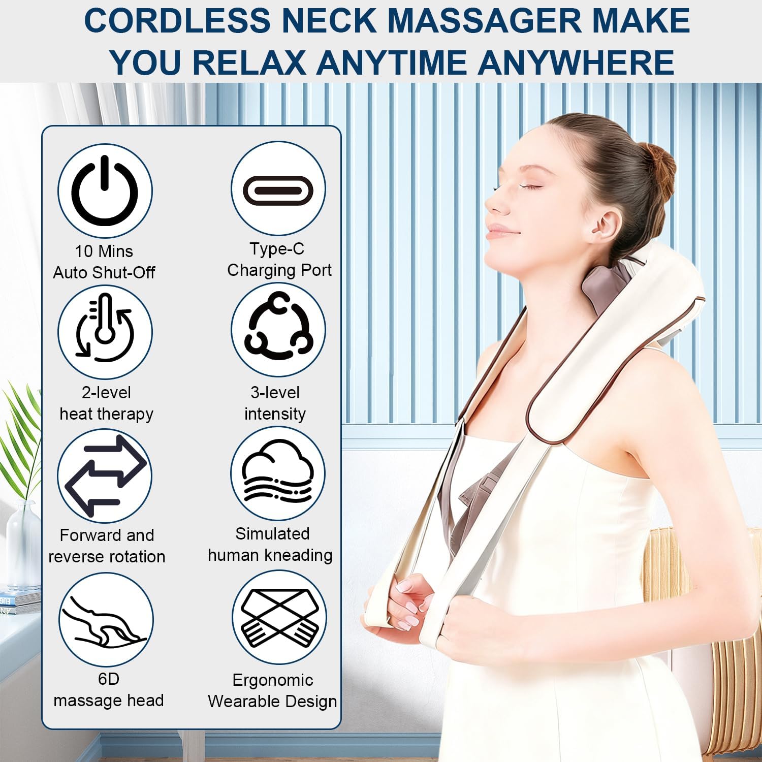 Neck and Shoulder Massager with Heat,Cordless 6D Shiatsu Kneading Neck and Back Massager Deep Tissue,Ideal for Shoulder, Back,Leg,Waist Pain Relief, Portable Gifts for Dad Mom Women Men (Beige)