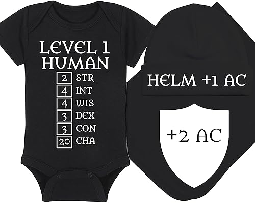 Vista 17 de Nivel 1 humano con puntuaciones de habilidad - Mameluco para bebé para juegos - Sombrero - Manta - Combinaciones de paquete de babero Black Fabric