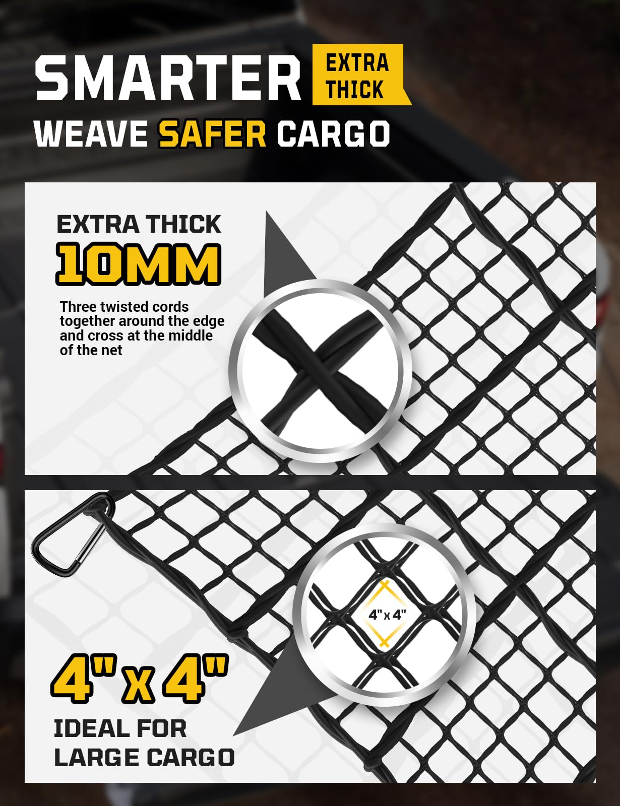 AUTOWN Rete da carico per letto pick-up – estensibile da 1,5 m x 7 'a 10 'x 14' con maglia 10,2 x 10,2 cm, resistente cavo elastico da 10 mm con 12 moschettoni in metallo, ideale per ATV, SUV, UTV e
