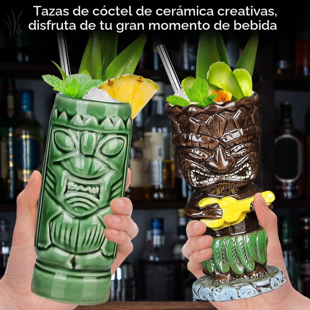 Tiki - Juego de 4 vasos para cócteles y tazas de cerámica tropicales hawaianas Tiki fiesta creativa para cócteles de cristal, gran barra, de primera calidad, tropical, lindo, 4 paquetes de regalo
