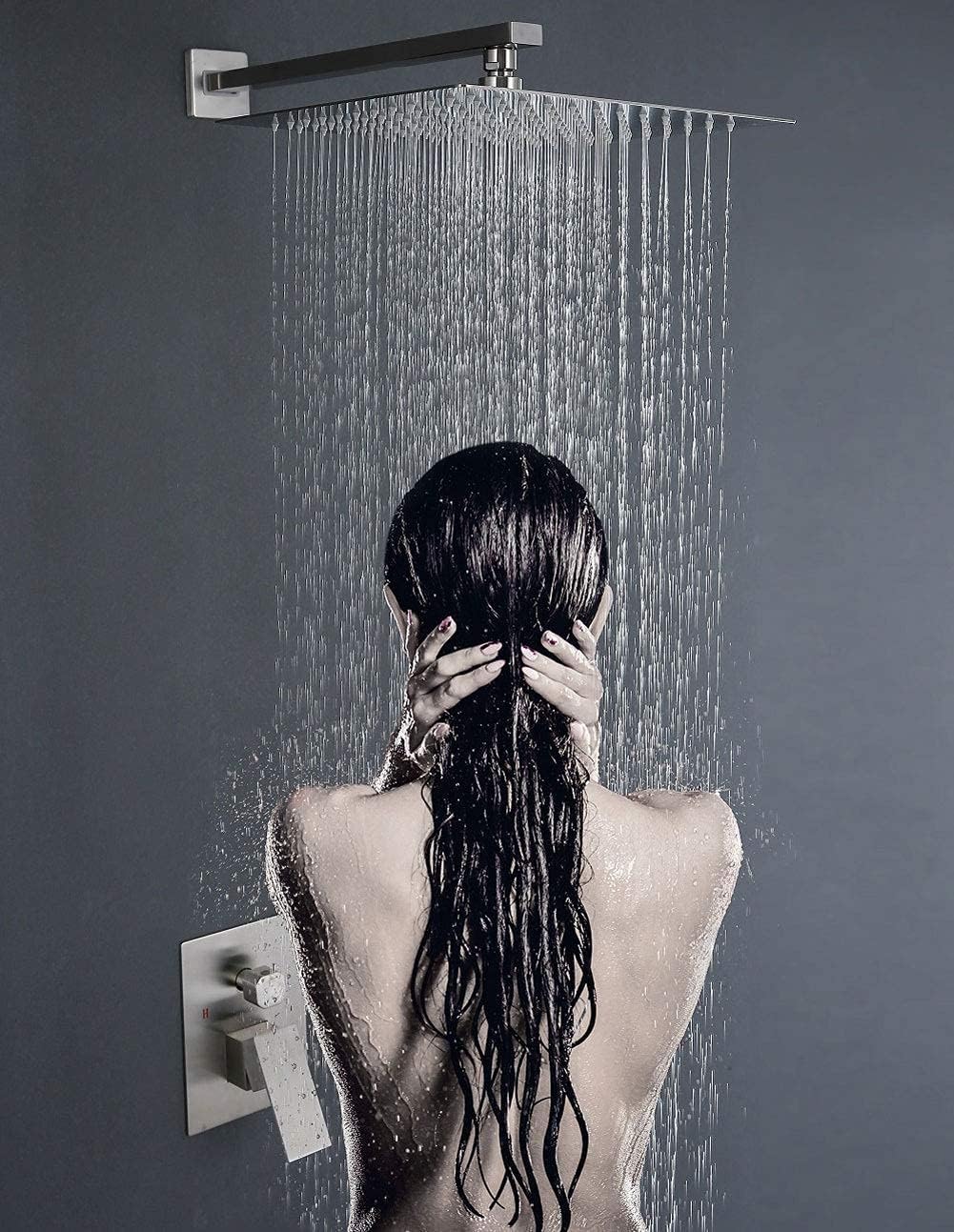 Buy 1 get 1 Brushed Nickel Shower System, 12 Inch Rain Shower Head and Handheld Wall Mounted Completed Rainfall Shower Faucet Set Rough-In Valve Body and Trim kit