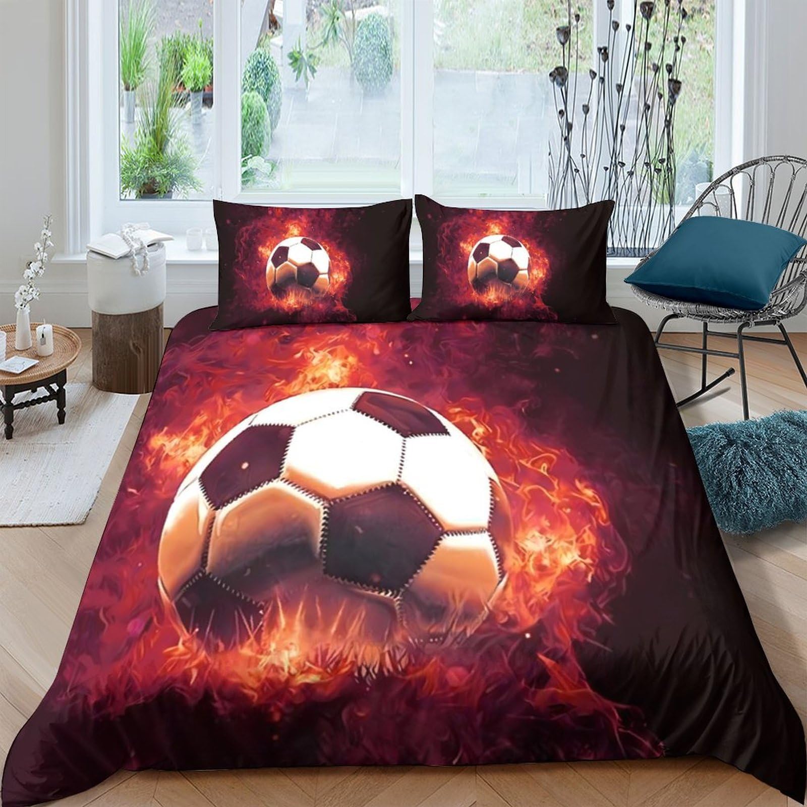 Ctjqhvkz Style-10 3D Printed Fiery Soccer Fitted Sheet Microfiber Soft Breathable Football Bed Cover For Bedroom Dorm Mattress Decor Single（135X200cm）