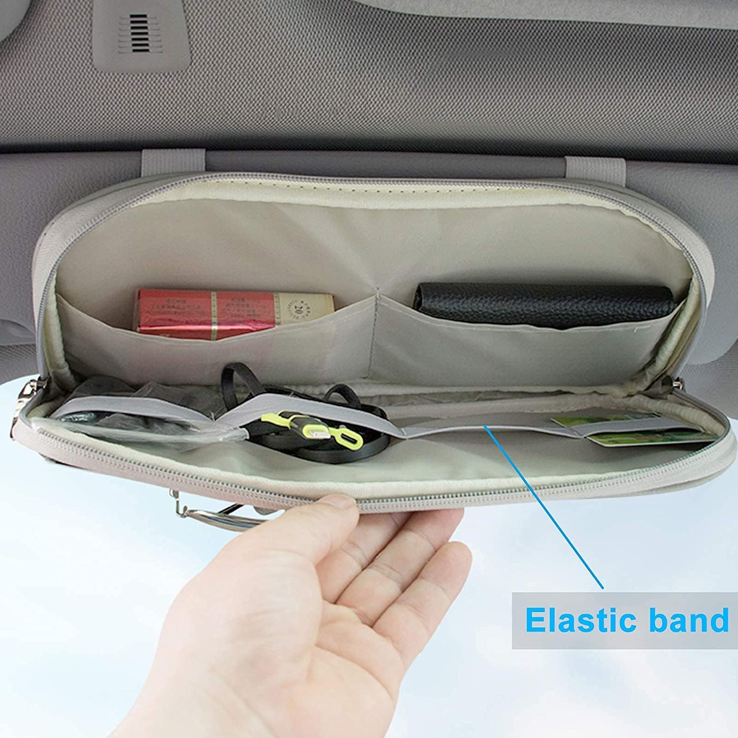 Car Sun Visor Organizer, Auto Interior Accessories Storage Pocket Truck Organizer Pouch Holder Tissue Case Bag for Card License Registration, Sunglass Holder for Car with Multi-Pocket Net Zipper, Gray