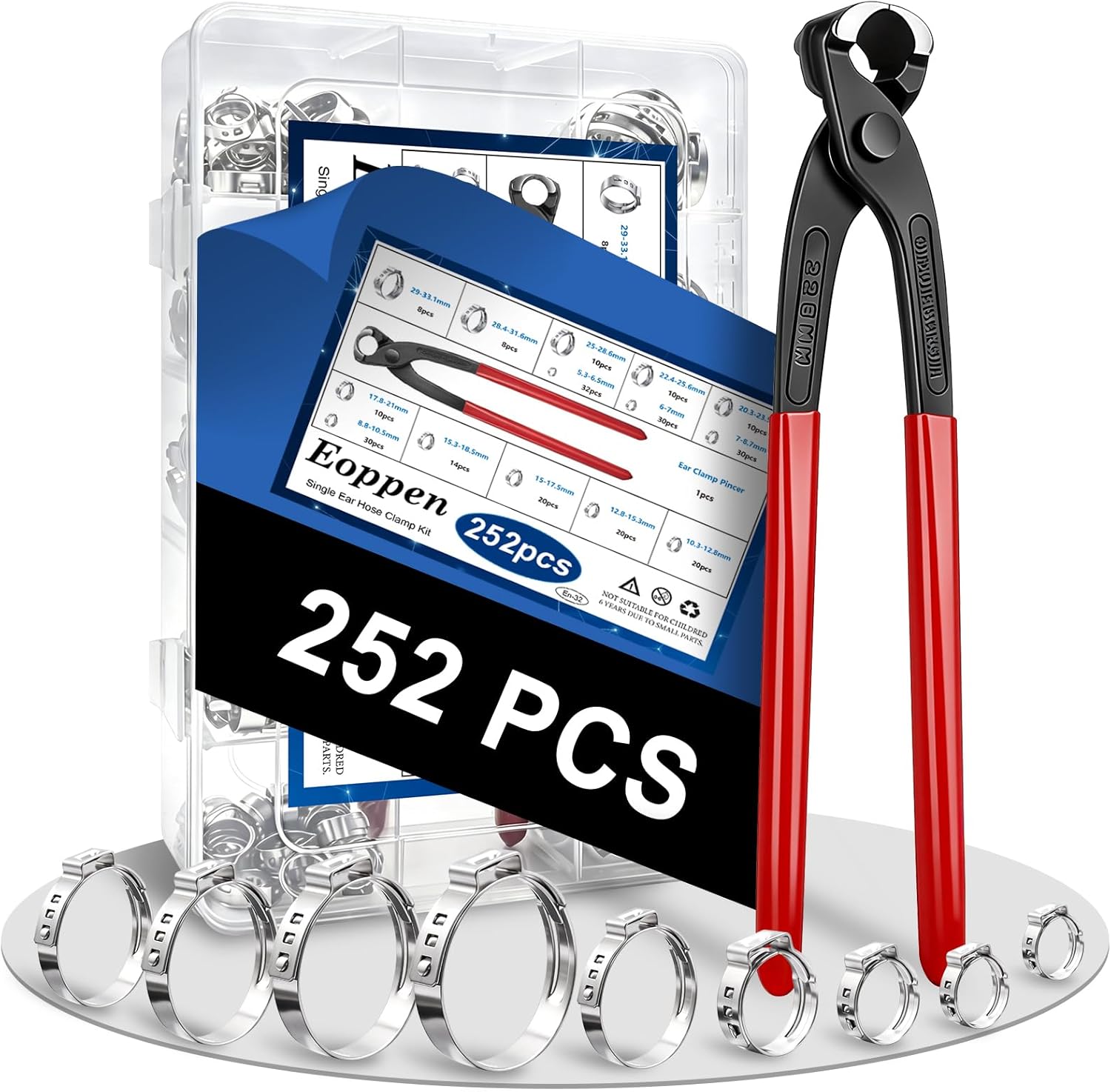 252Pcs 14 Sizes Single Ear Hose Clamp, 5.3-33.1mm 304 Stainless Steel Ear Hose Clamp Kit with Ear Clamp Pincer for Automotive, Plumbing, Fuel Line