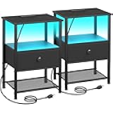 Night Stand Set 2, LED Nightstand with Charging Station, End Tables Living Room with Fabric Drawer, Small Side Tables for Bedroom, Small Space, Black, HETS01BK