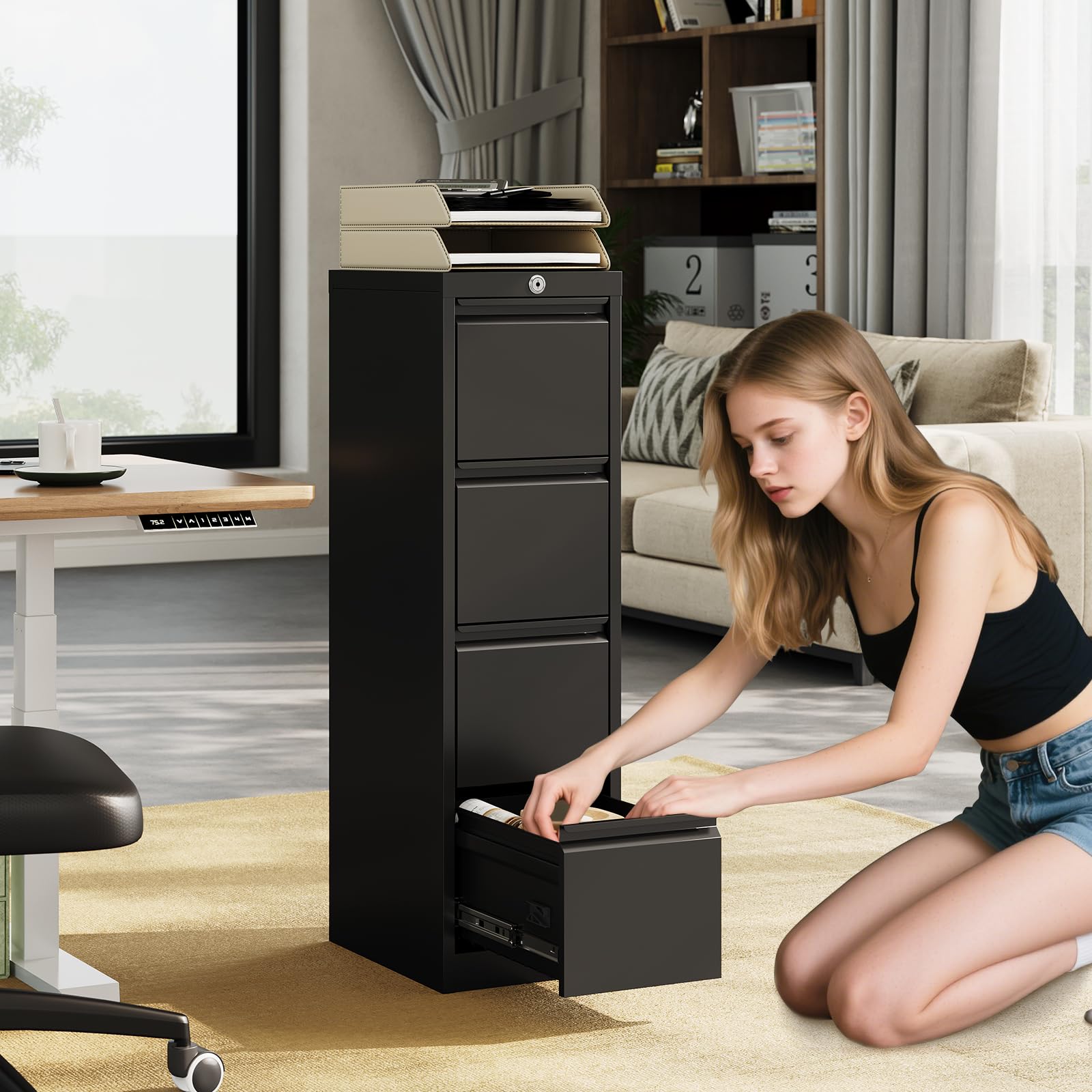 4-drawer file cabinet, vertical filing cabinet for home office, a4/letter size, black