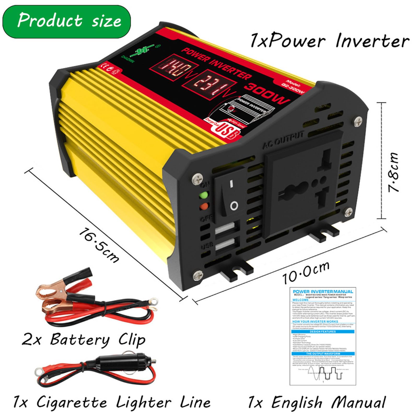 Inversor Solar híbrido para Coche, Fuera de la Red, de 12 V a 220 V/110 V, 300 W, para Coche, con conversión de Onda modificada de Alta frecuencia,Black-300W
