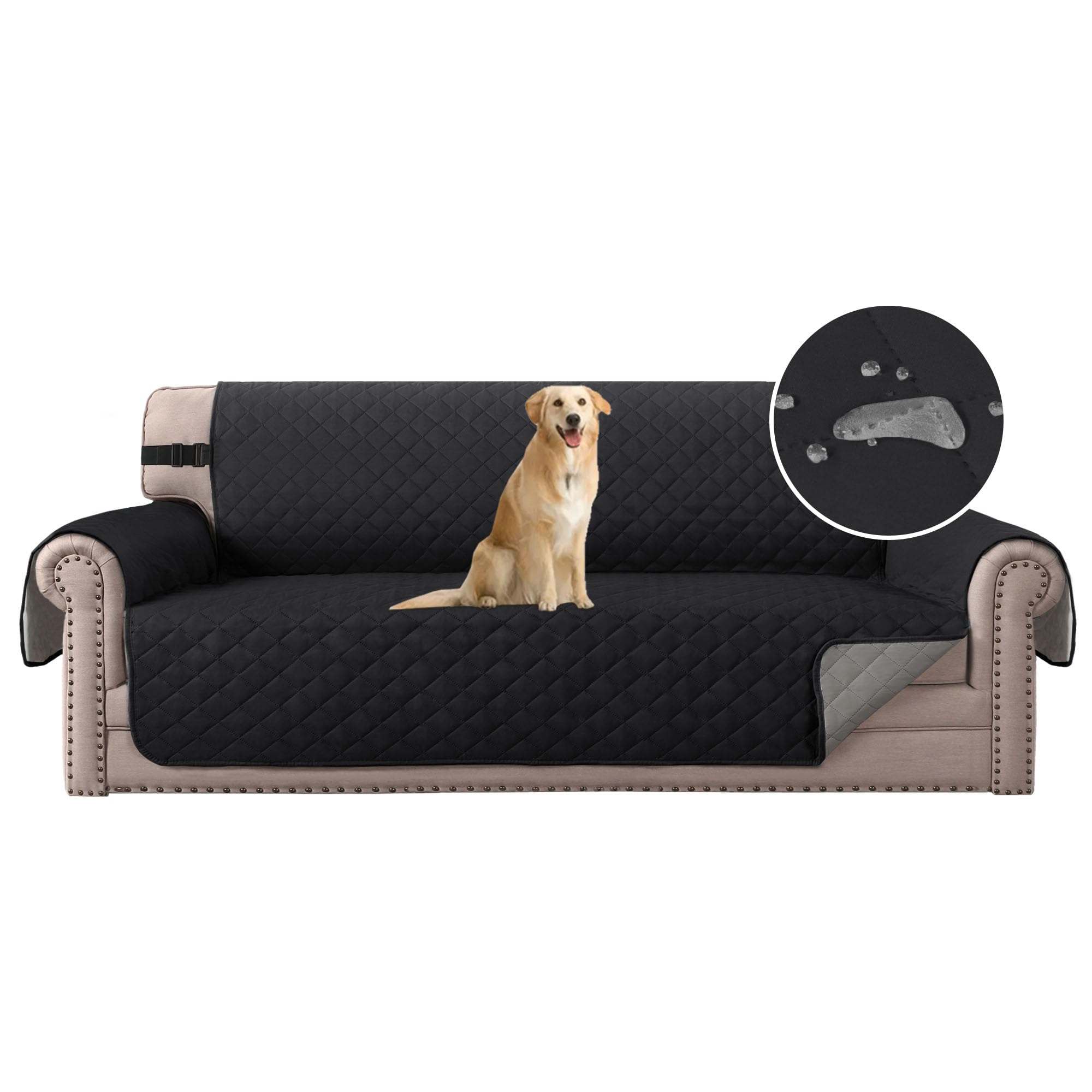 H.Versailtex Reversible Sofa Protector, 4 Seater Water Resistant Sofa Slipcover for Pets with Non Slip Elastic Straps, Machine Washable Sofa Covers for Kids(Black/Gray) โ image 1