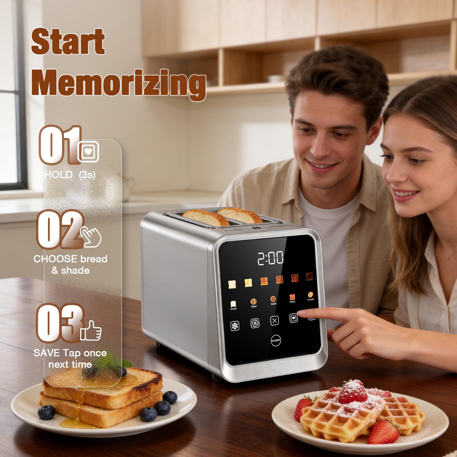 2 Slice Toaster with Touch Screen, 1.5" Wide Slot for Bagels, Smart Digital | Toasters with Single Slot Toasting, Memory Function, 5 Bread Types & 6 Shade Settings, Defrost, Reheat, Removable Crumb Tray
