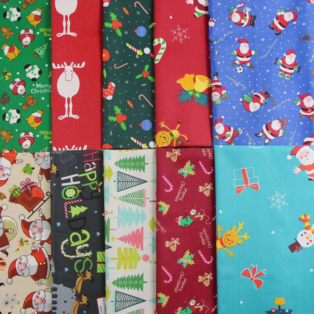 Jukway Color 10Pcs Christmas Cotton Fabric Squares Bundles 50X50 Cm, Assorted Christmas Tree Santa Printed Patterns Patchwork Fabrics For Sewing, Quilting, Diy Decoration, Handwork, Crafts (50X50 Cm)