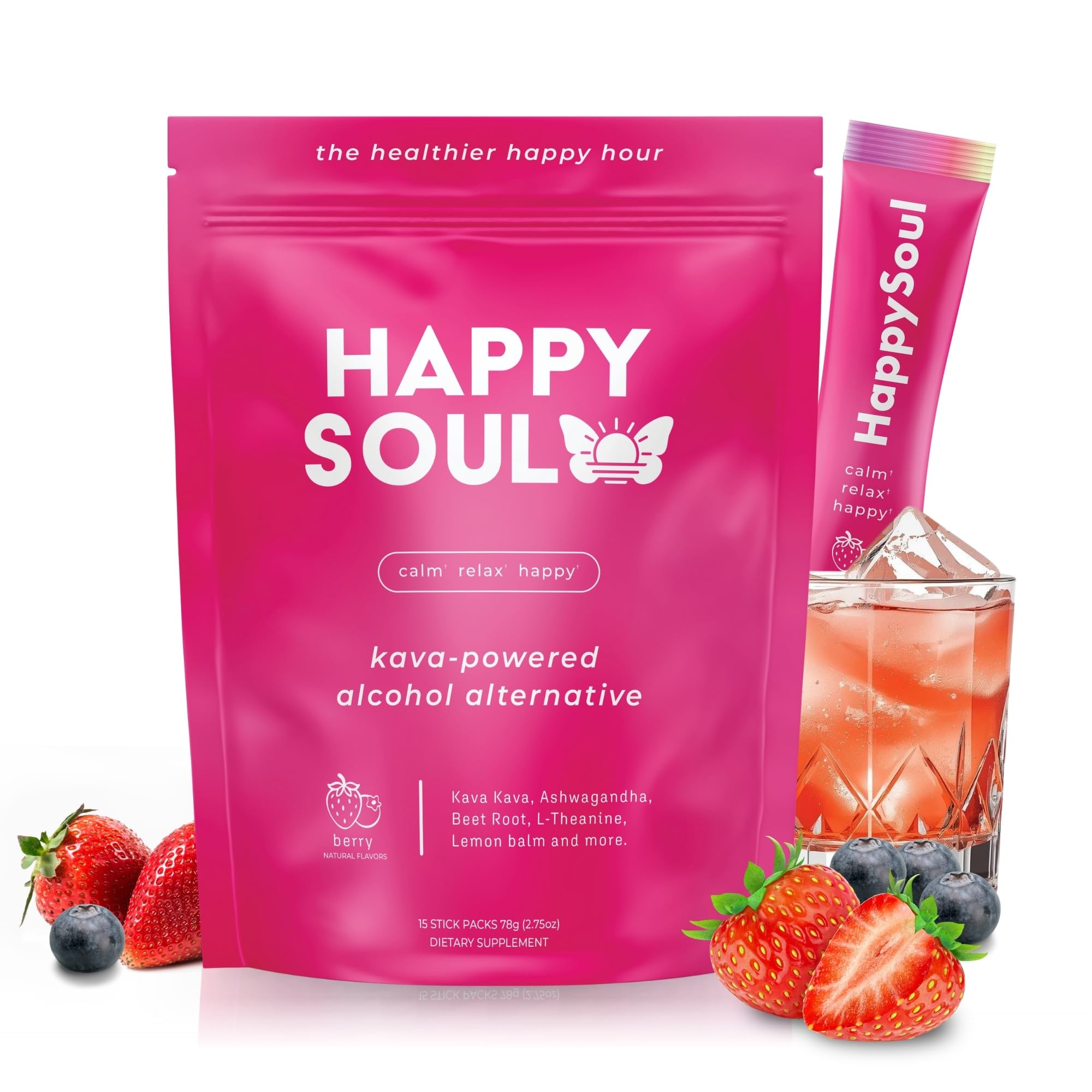 HappySoul Kava Drink Mix Powder-Alcohol Alternative for Evenings & Social Drinking - Kava Kava Mocktail for Relaxation - Adaptogen Drink with Magnesium, Ashwagandha, L-Theanine | Berry, 15 Stick Packs